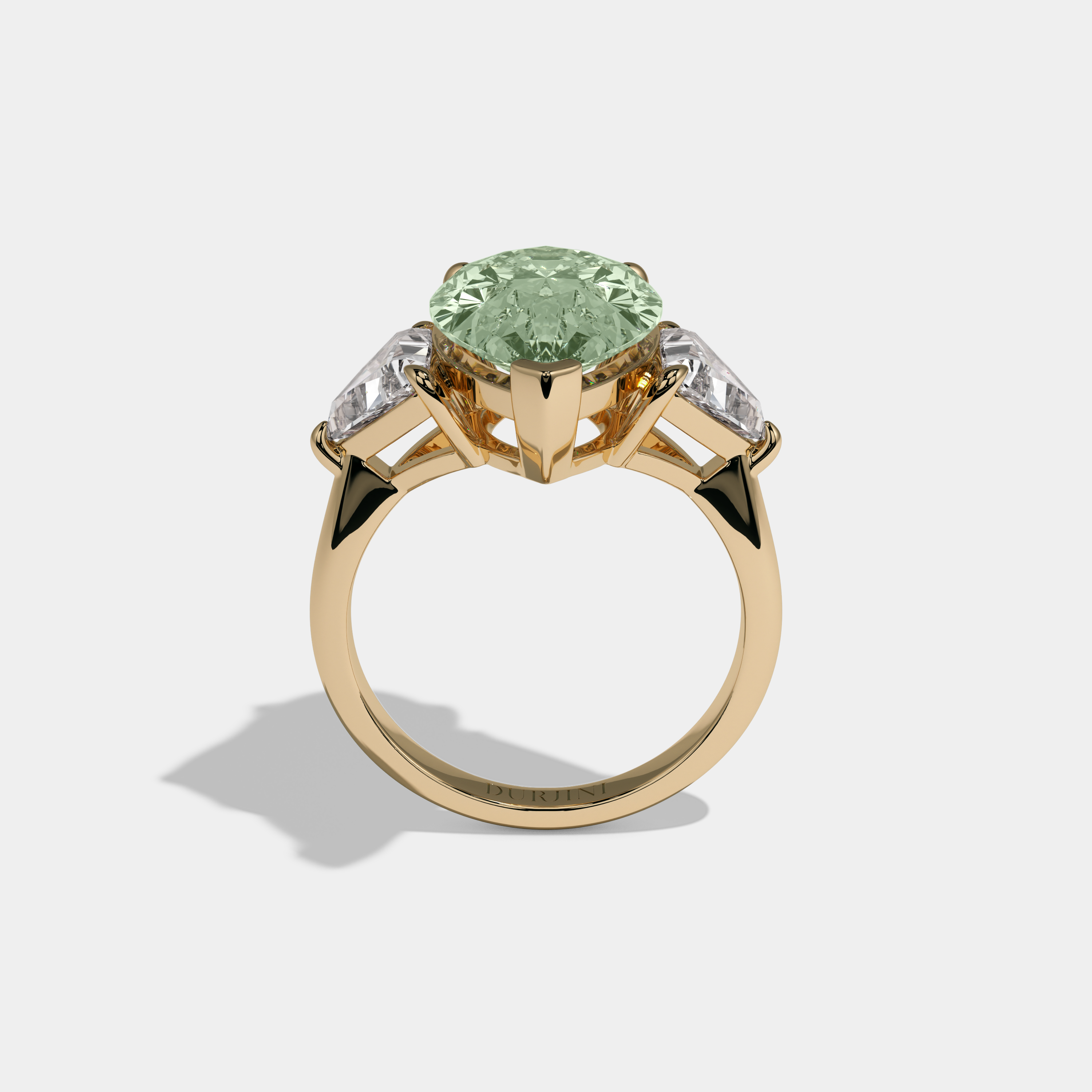 Alice Fancy Light Green Pear Cut Diamond Plain Band With Triangle Cut Sides Engagement Ring 8ct 18K Yellow Gold