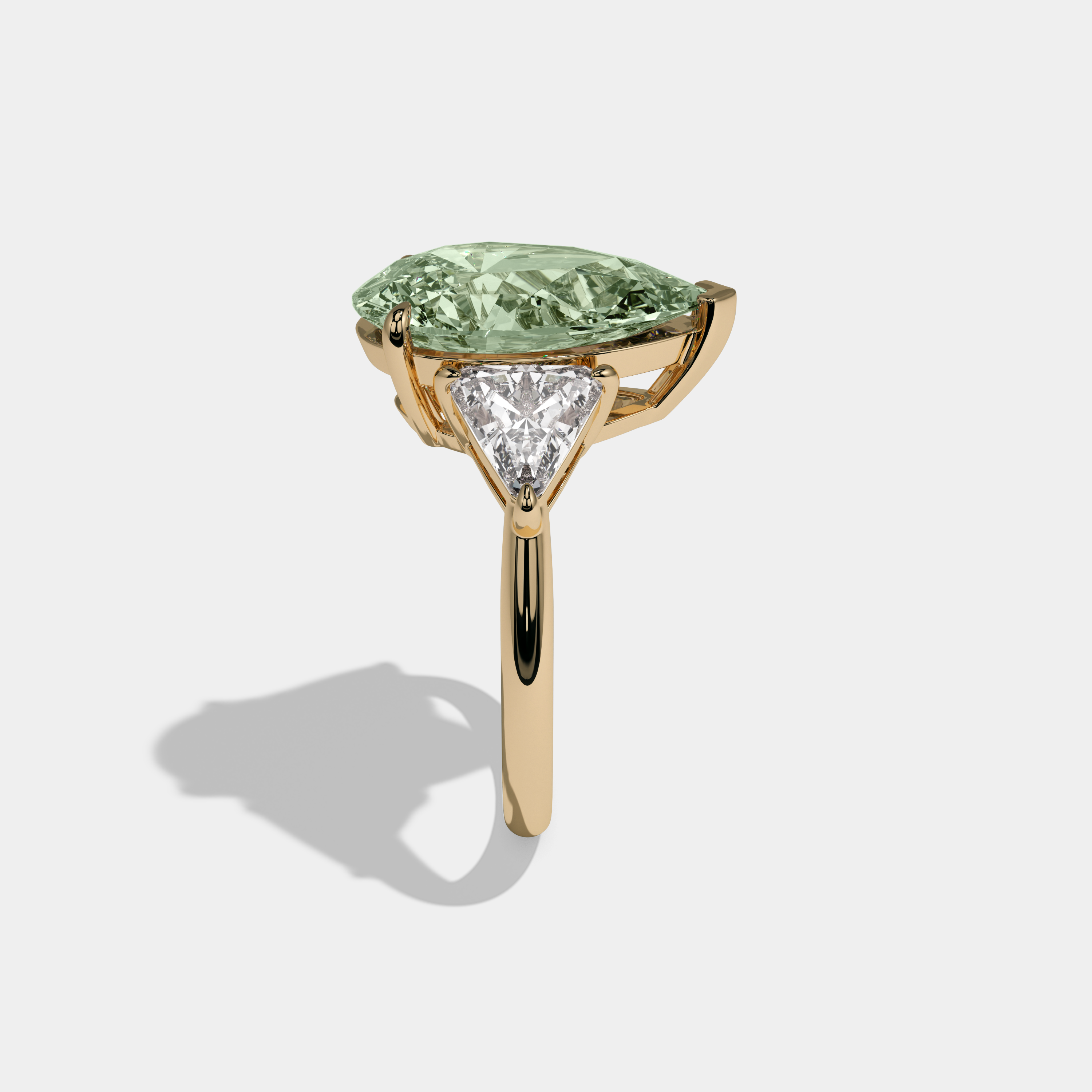 Alice Fancy Light Green Pear Cut Diamond Plain Band With Triangle Cut Sides Engagement Ring 8ct 18K Yellow Gold