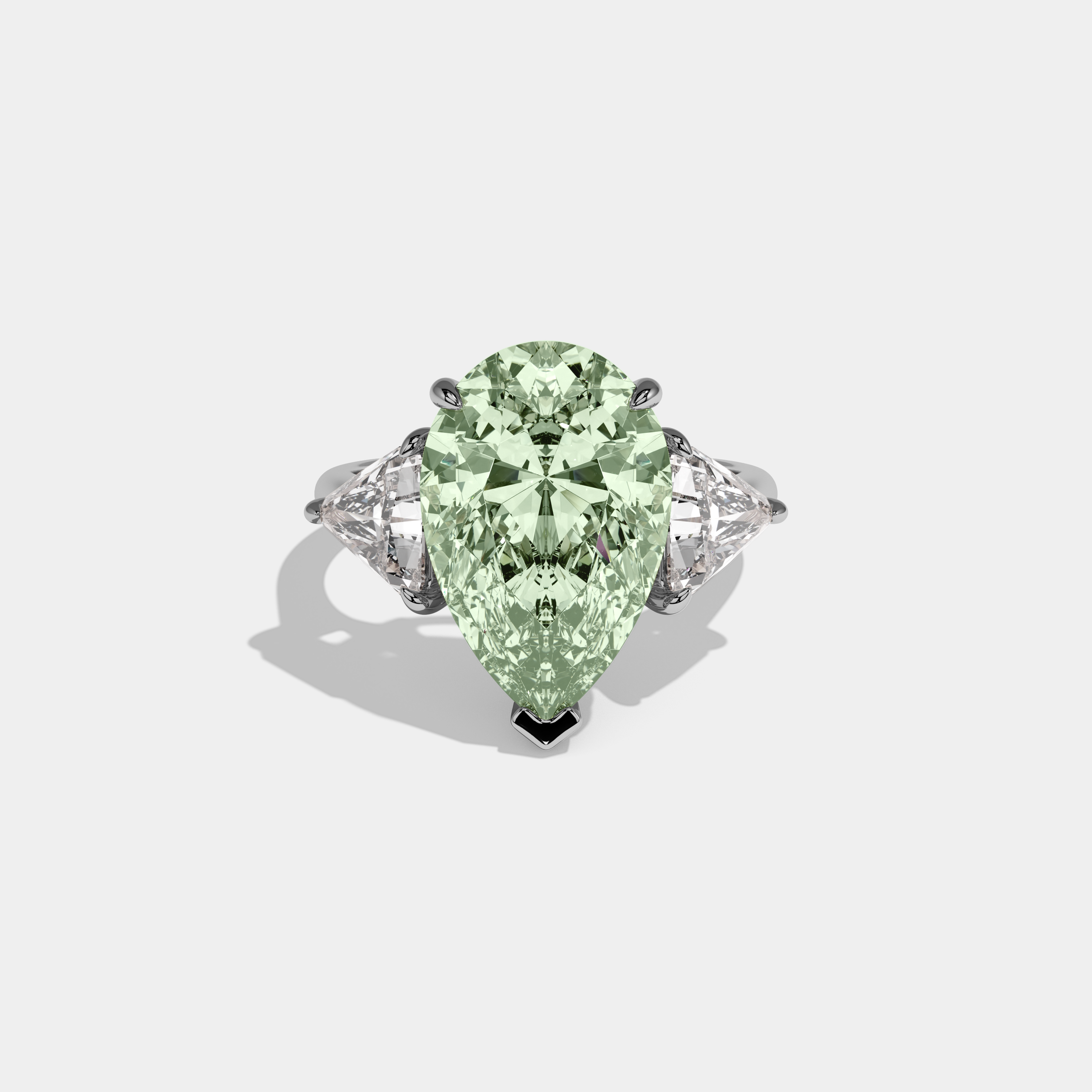 Eleanor Fancy Light Green Pear Cut Diamond Plain Band With Triangle Cut Sides Engagement Ring 8ct 18K White Gold