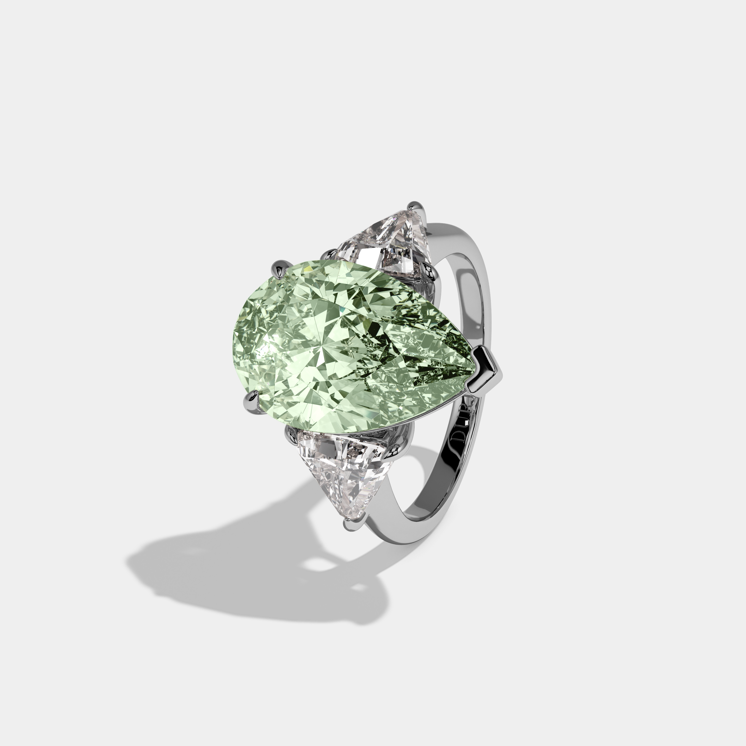 Eleanor Fancy Light Green Pear Cut Diamond Plain Band With Triangle Cut Sides Engagement Ring 8ct 18K White Gold