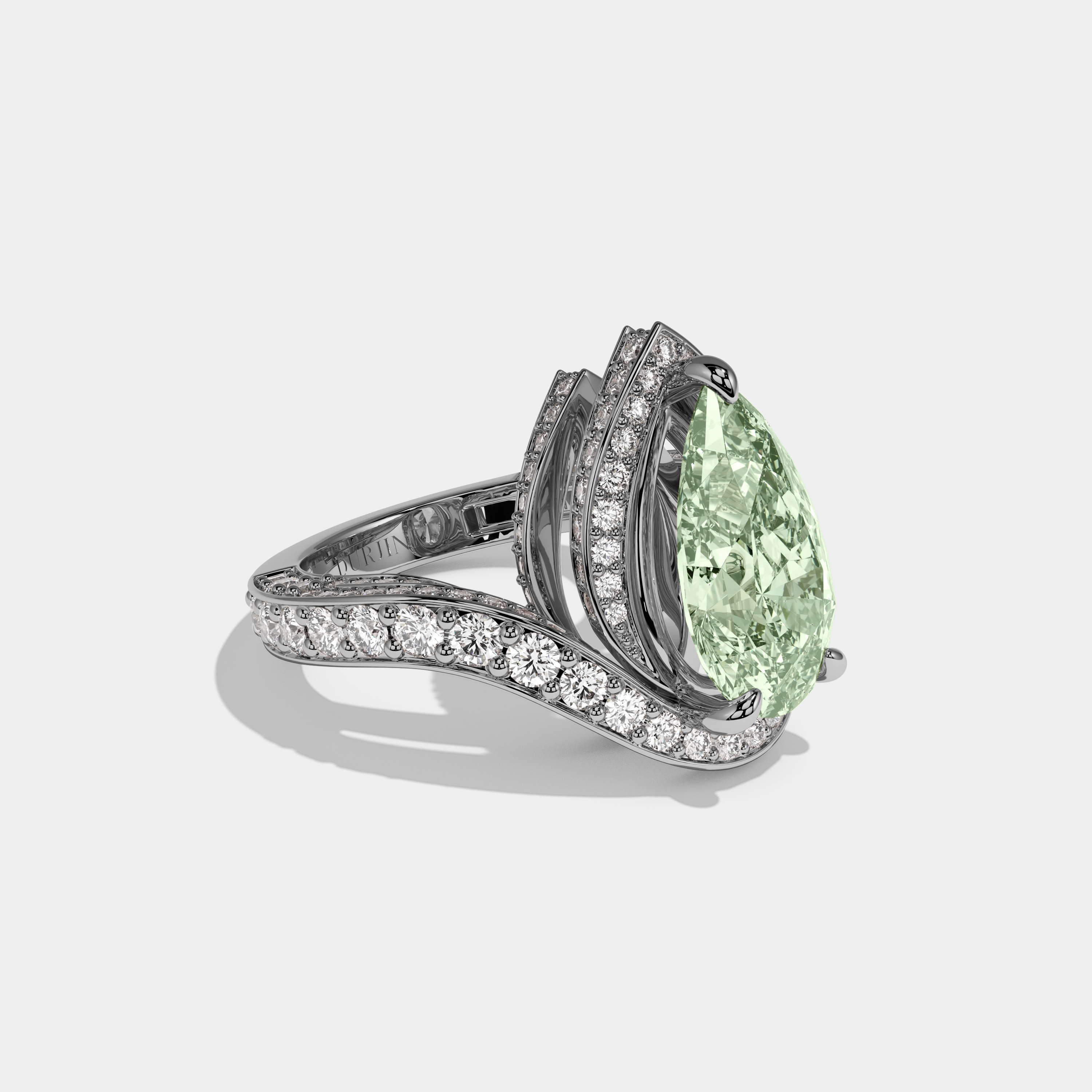 Alice Fancy Light Green Pear Cut Diamond Band Engagement Ring 8ct 18K White Gold
