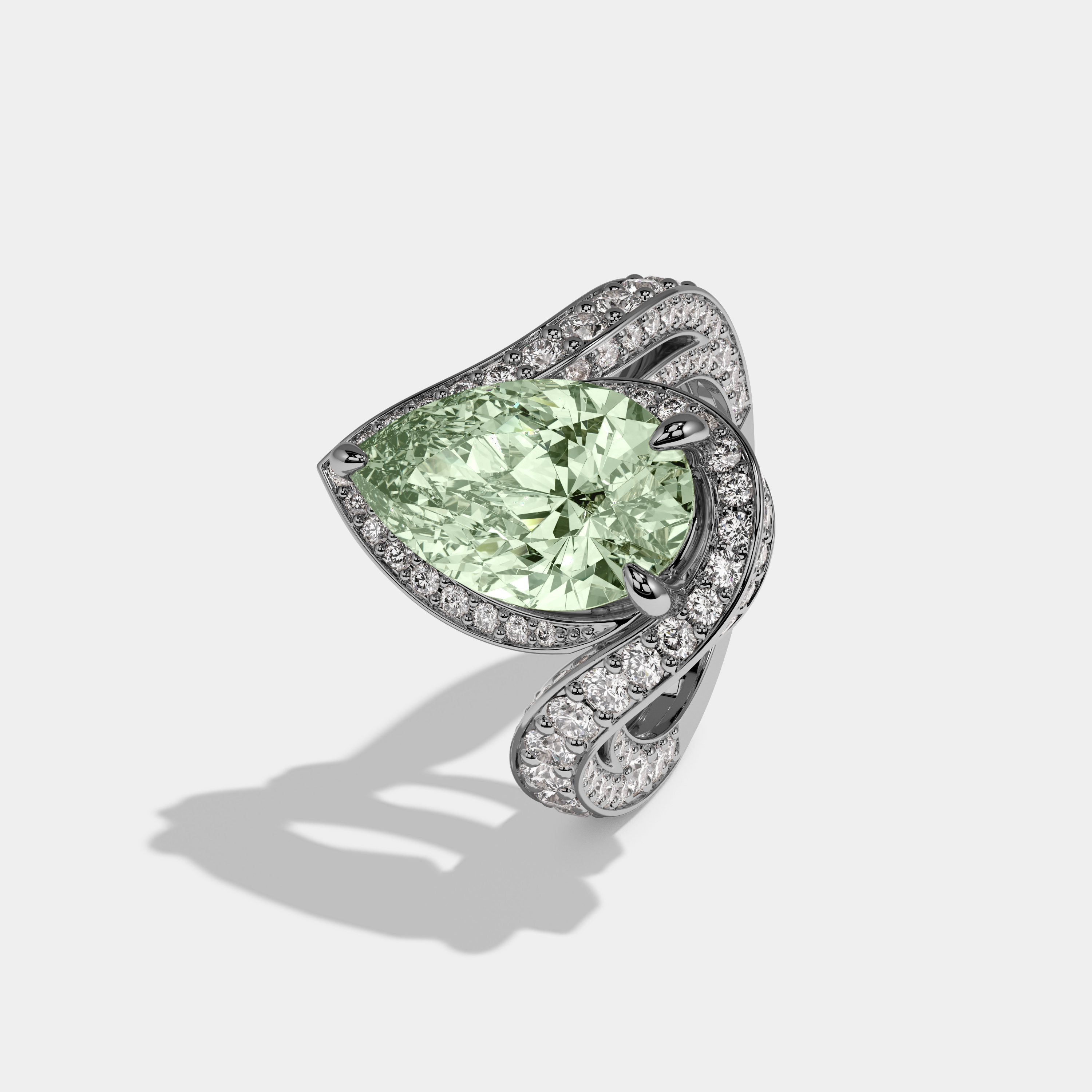 Alice Fancy Light Green Pear Cut Diamond Band Engagement Ring 8ct 18K White Gold