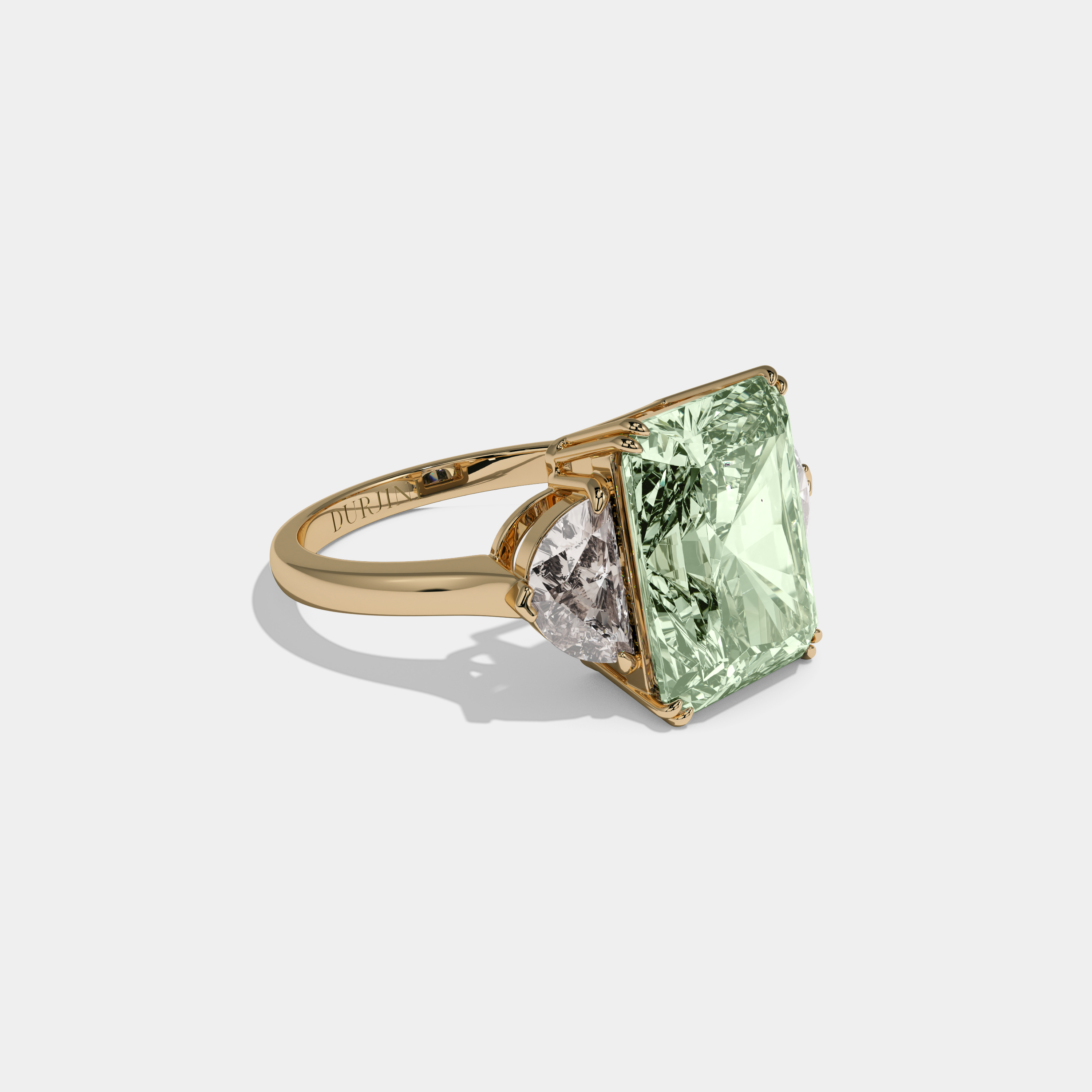 Adelaide Fancy Light Green Radiant Cut Diamond Plain Band With Half Moon Sides Engagement Ring 8ct 18K Yellow Gold
