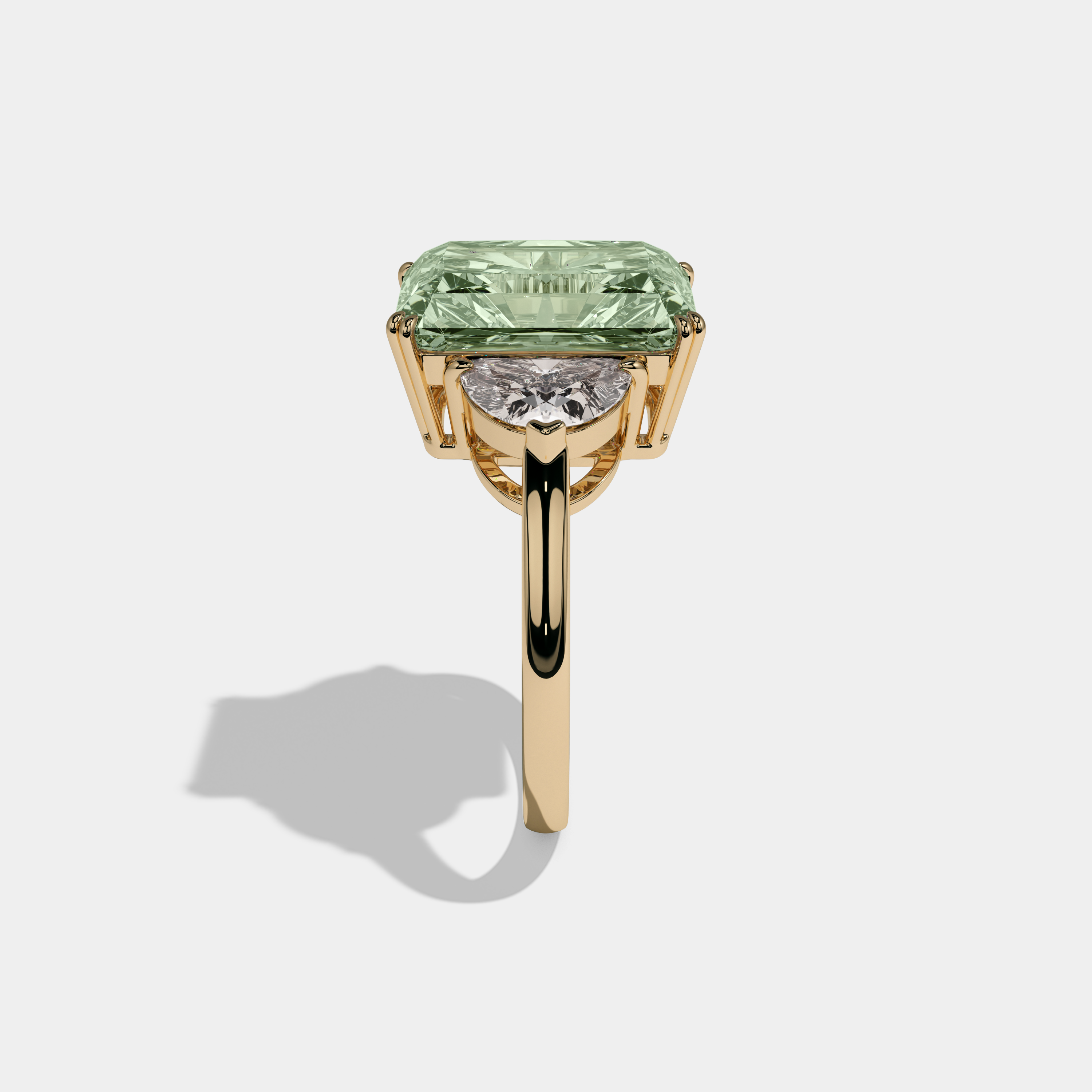 Adelaide Fancy Light Green Radiant Cut Diamond Plain Band With Half Moon Sides Engagement Ring 8ct 18K Yellow Gold