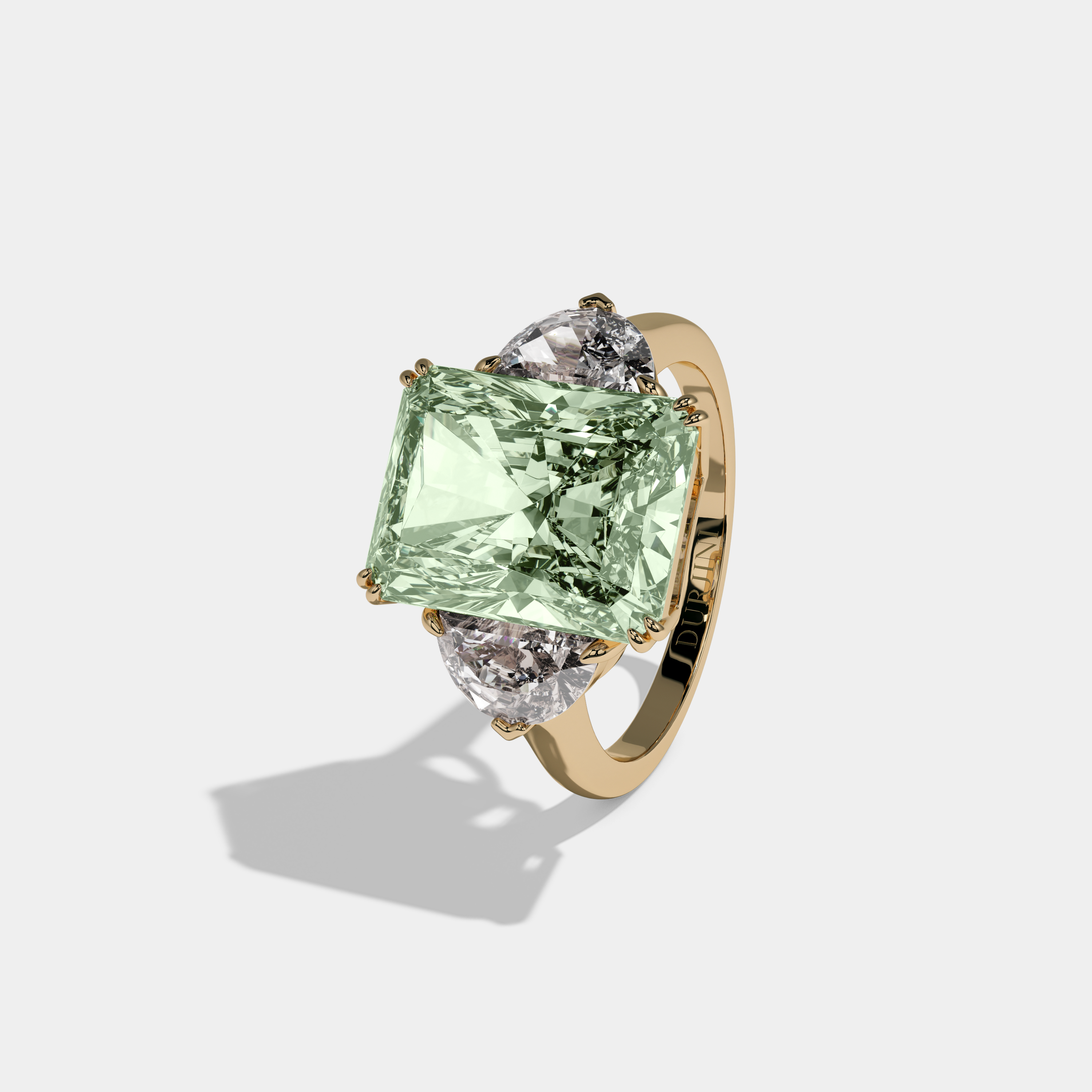 Adelaide Fancy Light Green Radiant Cut Diamond Plain Band With Half Moon Sides Engagement Ring 8ct 18K Yellow Gold