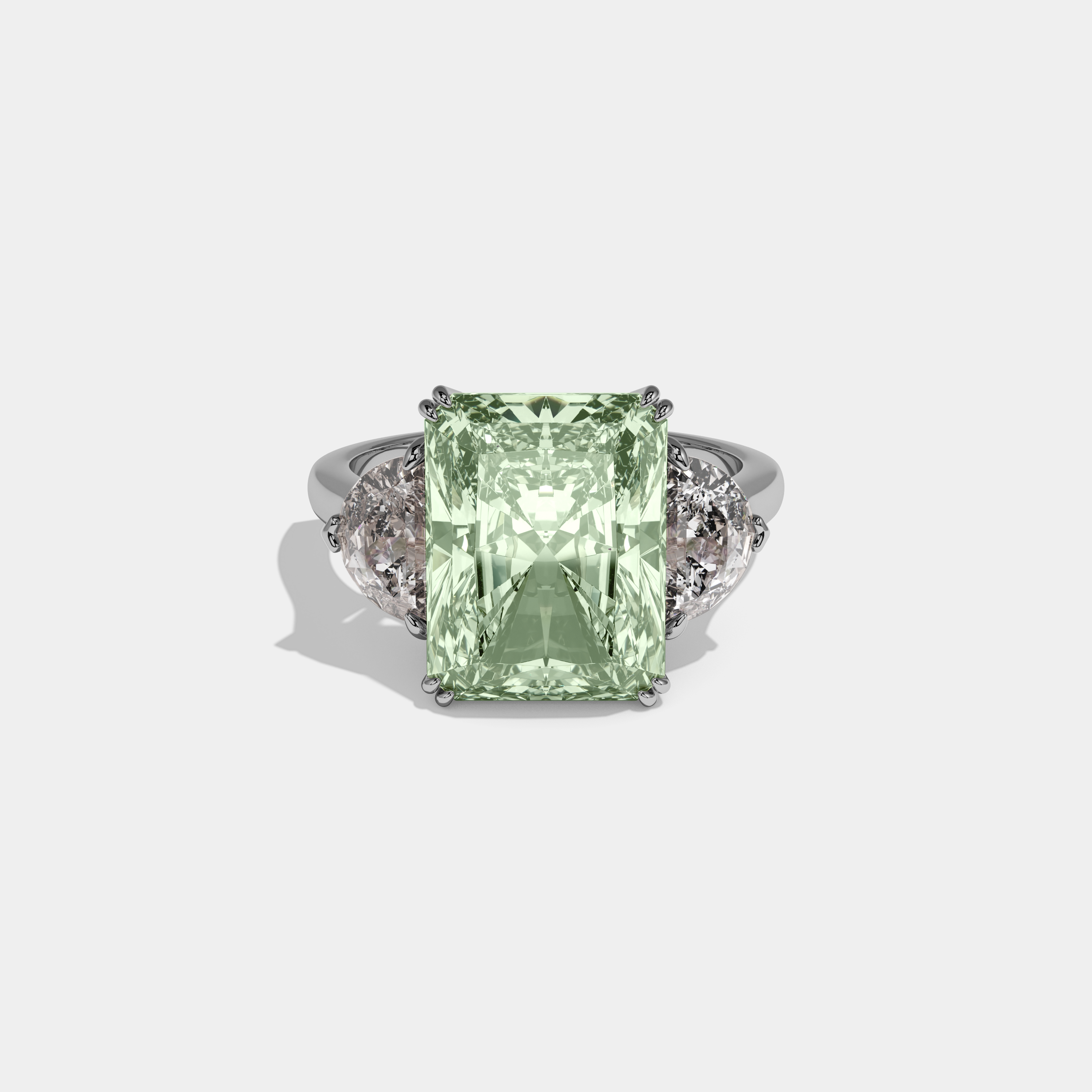 Alice Fancy Light Green Radiant Cut Diamond Plain Band With Half Moon Sides Engagement Ring 8ct 18K White Gold