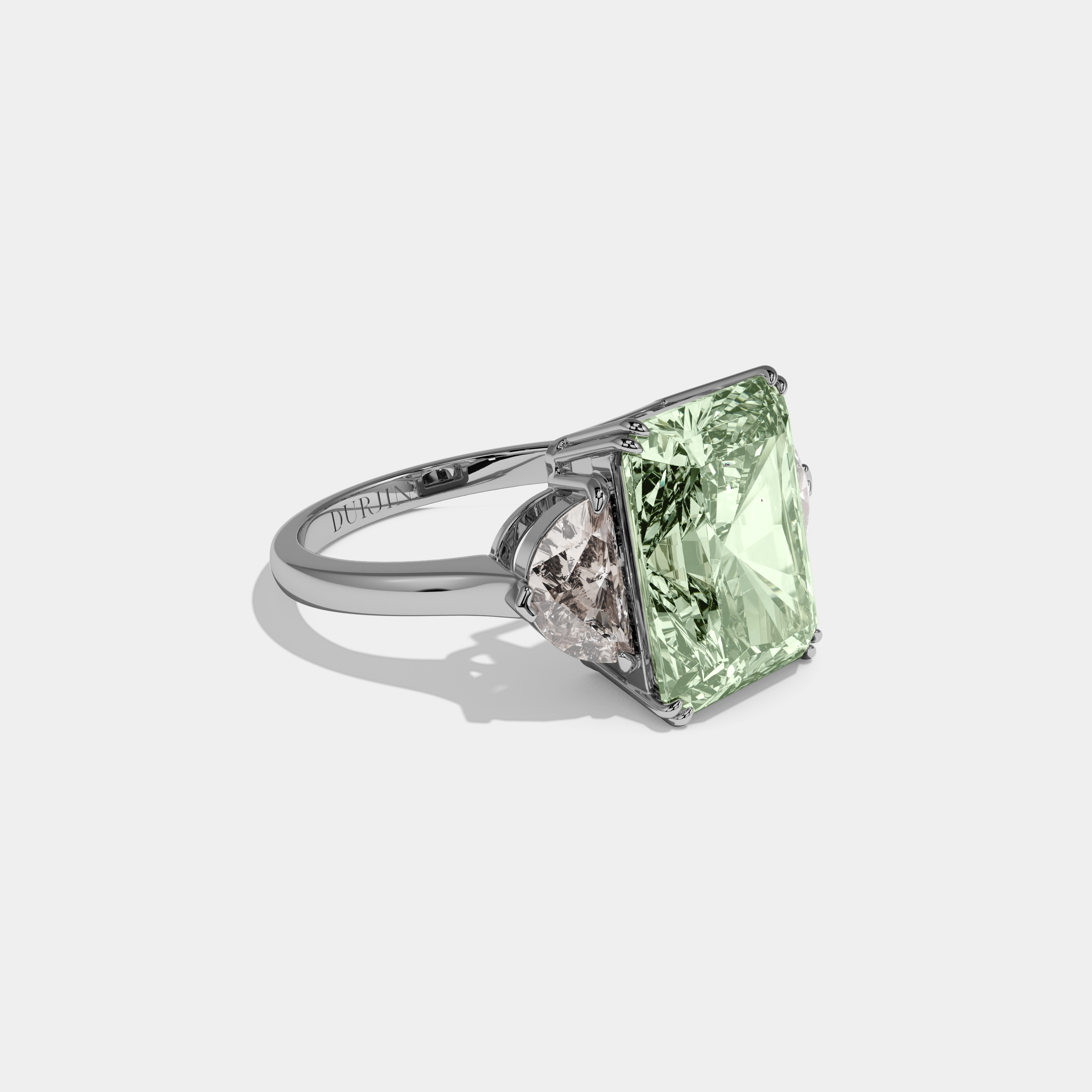 Alice Fancy Light Green Radiant Cut Diamond Plain Band With Half Moon Sides Engagement Ring 8ct 18K White Gold