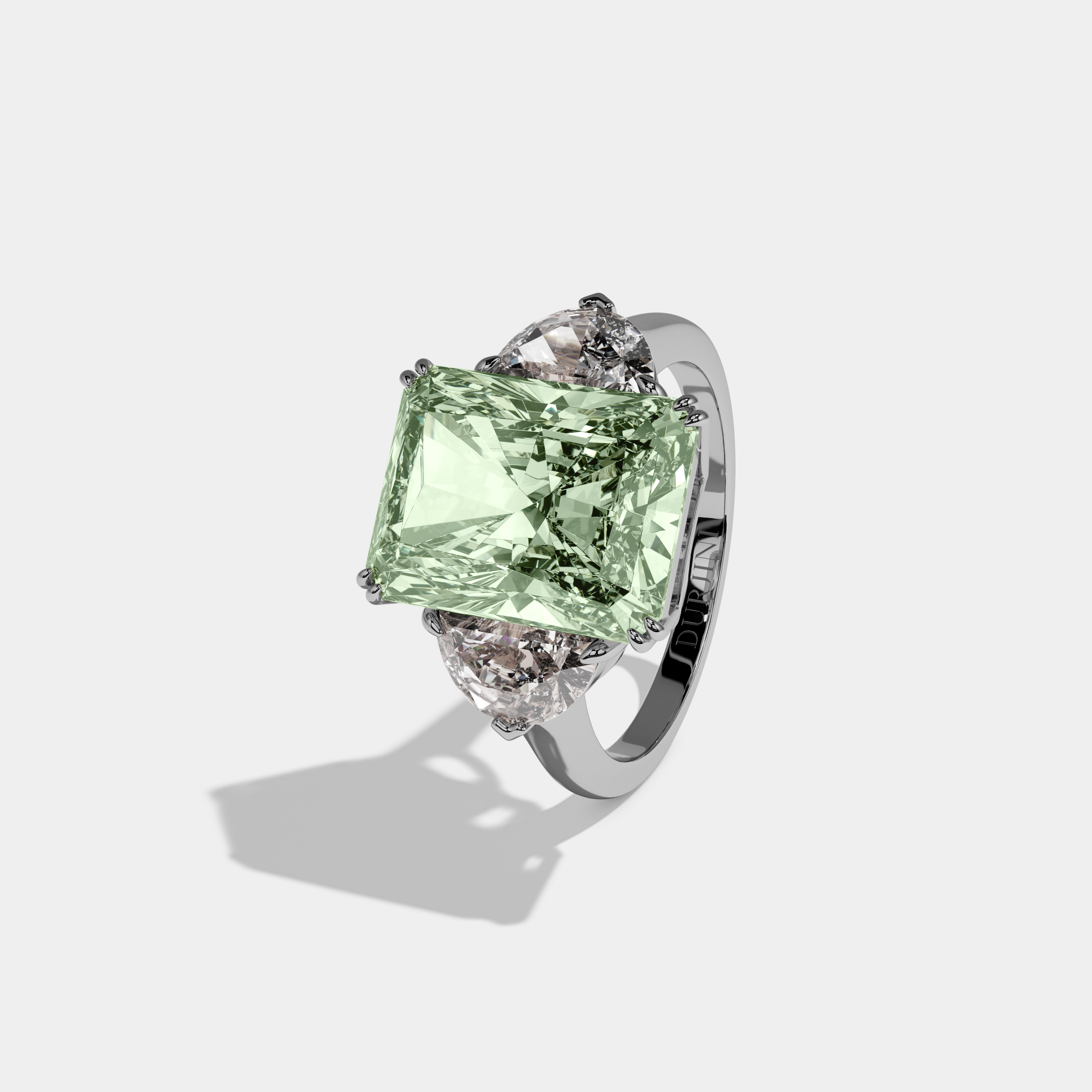 Alice Fancy Light Green Radiant Cut Diamond Plain Band With Half Moon Sides Engagement Ring 8ct 18K White Gold