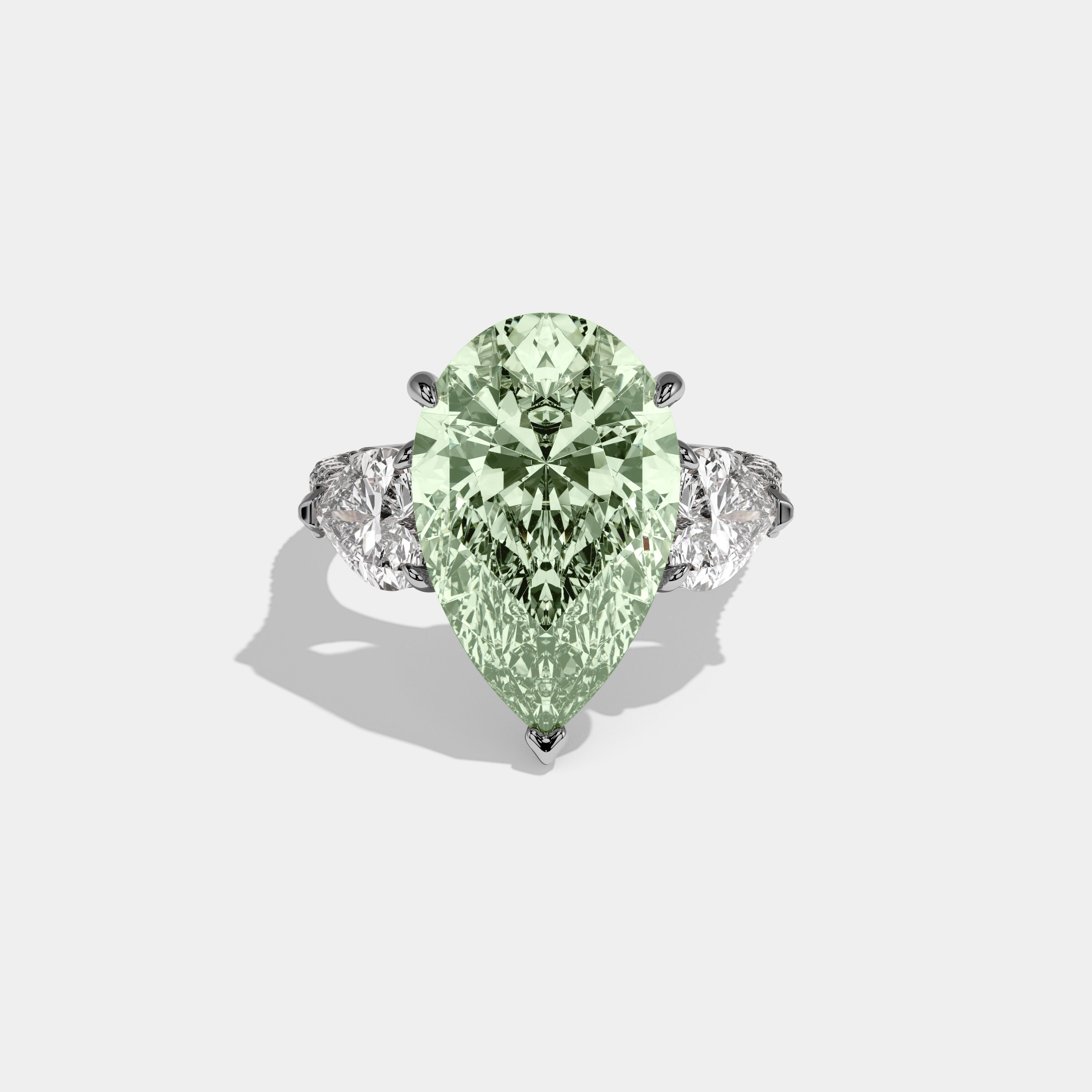 Matilda Fancy Light Green Pear Cut Diamond Band With Heart Cut Sides Engagement Ring 9ct 18K White Gold
