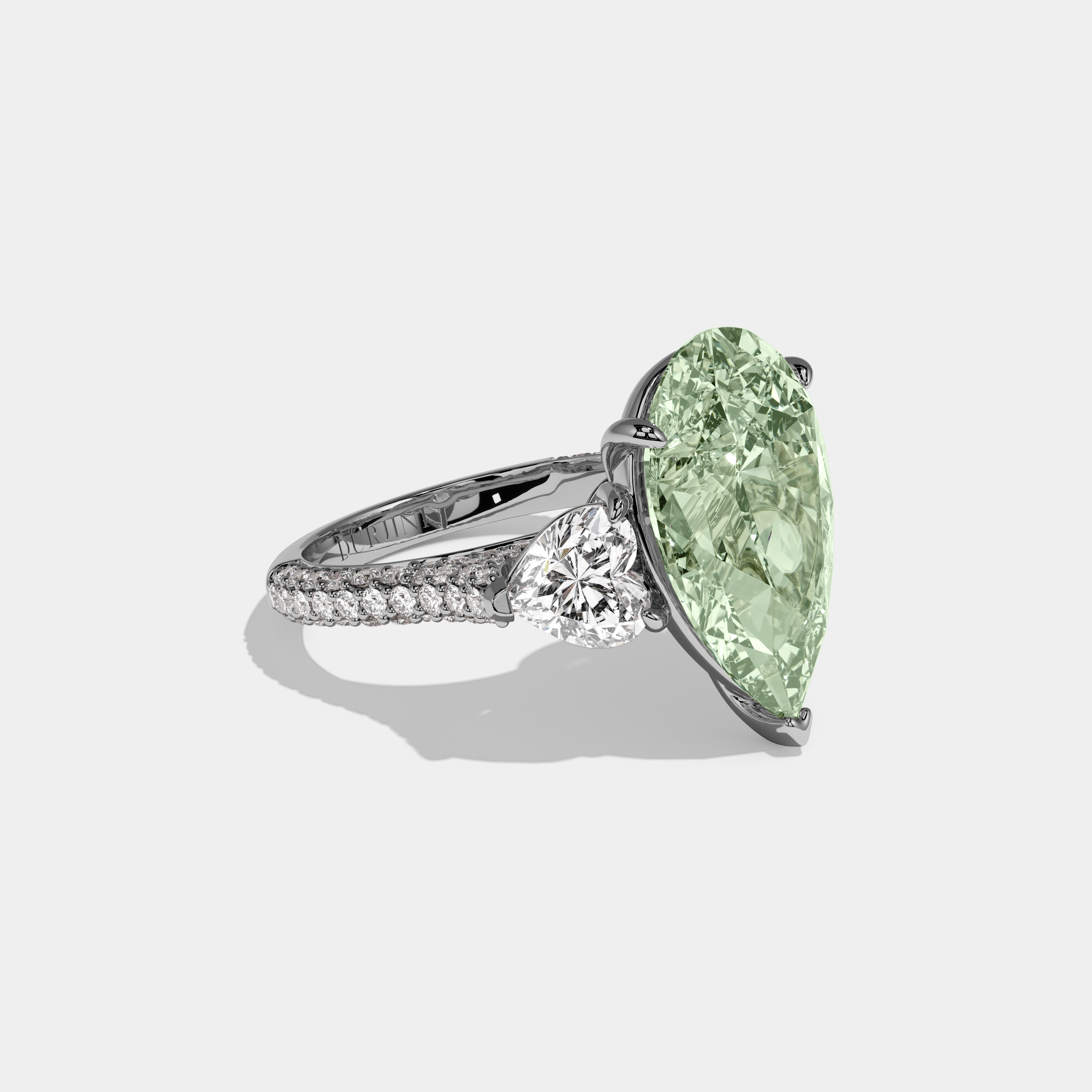 Matilda Fancy Light Green Pear Cut Diamond Band With Heart Cut Sides Engagement Ring 9ct 18K White Gold