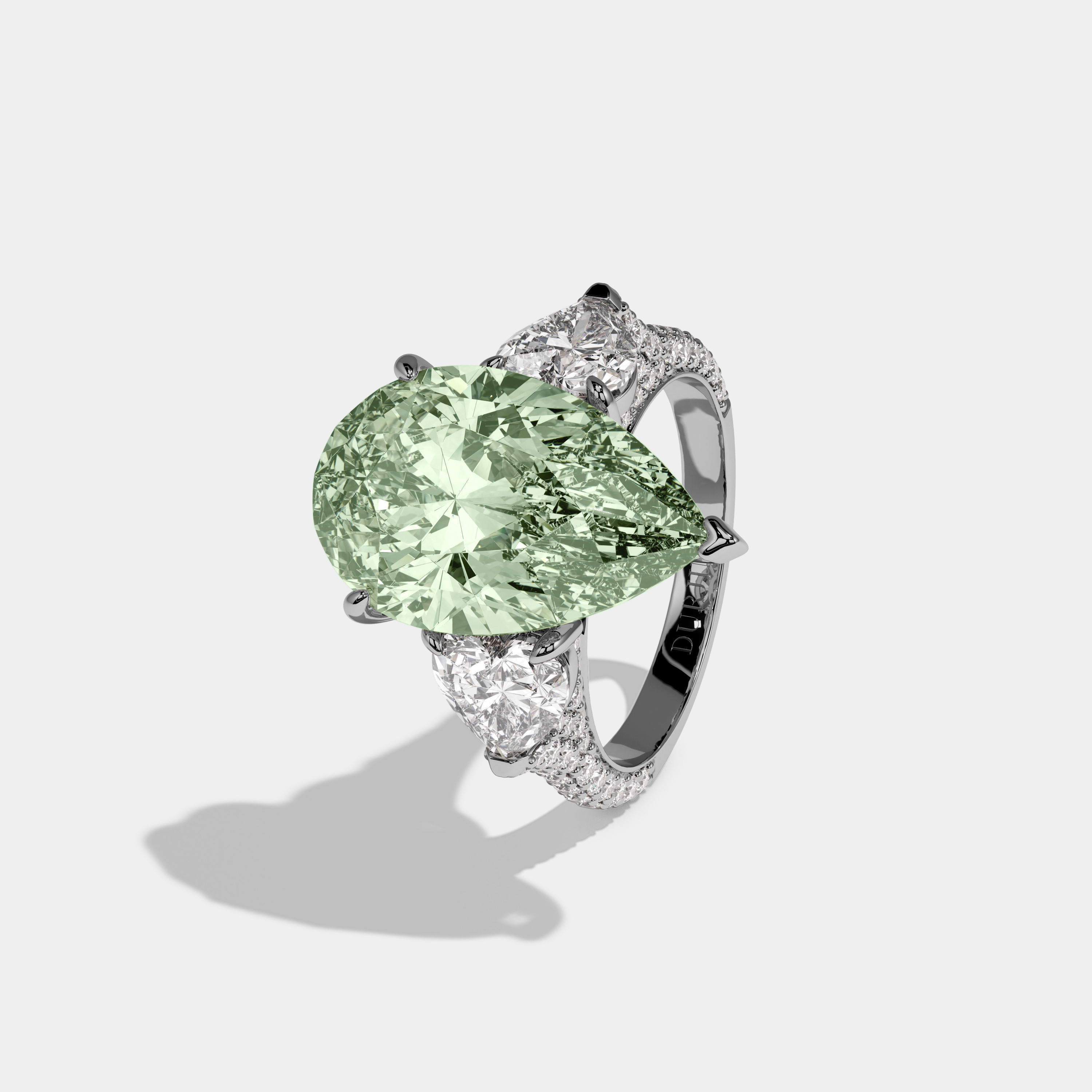 Matilda Fancy Light Green Pear Cut Diamond Band With Heart Cut Sides Engagement Ring 9ct 18K White Gold