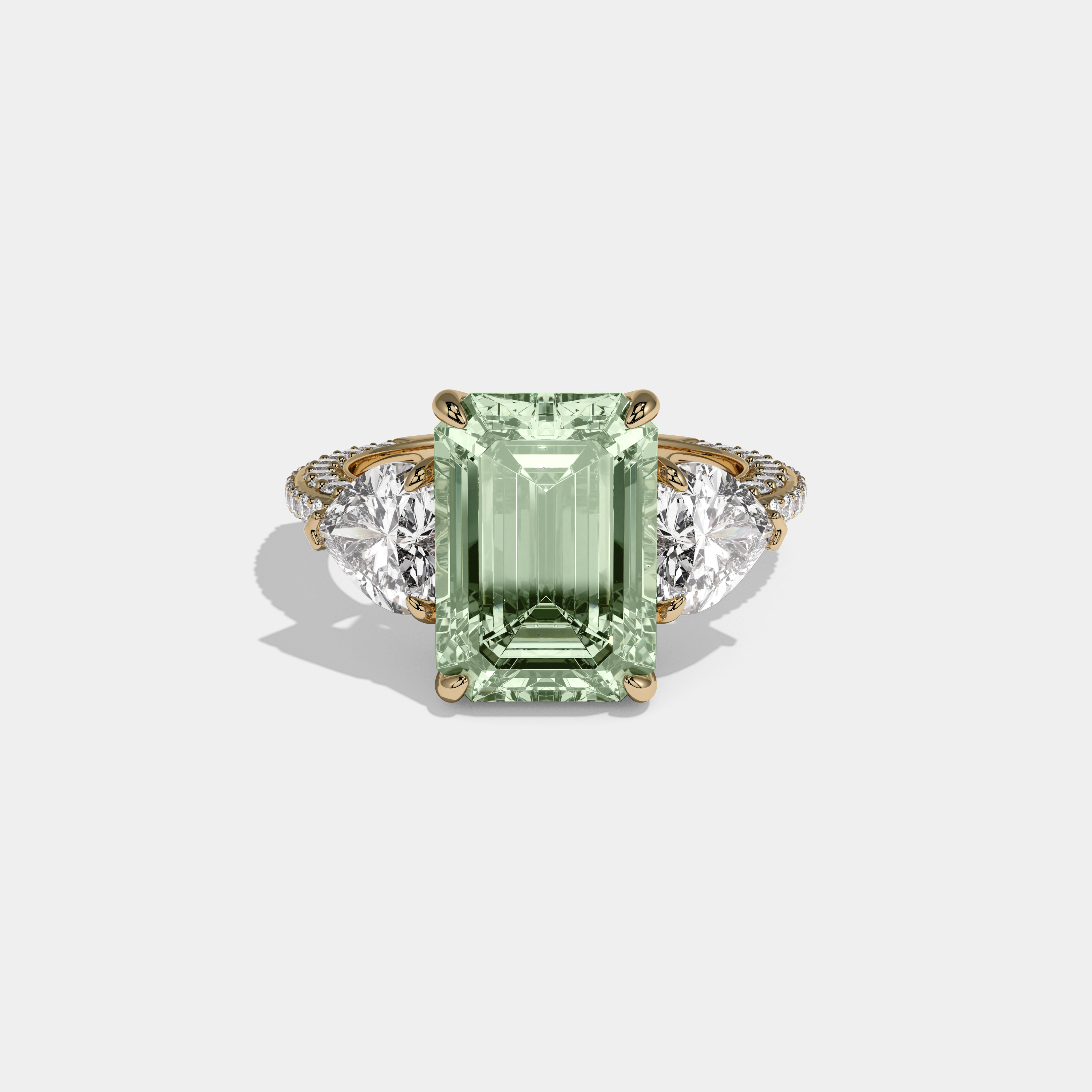 Adelaide Fancy Light Green Emerald Cut Diamond Band With Heart Cut Sides Engagement Ring 8ct 18K Yellow Gold