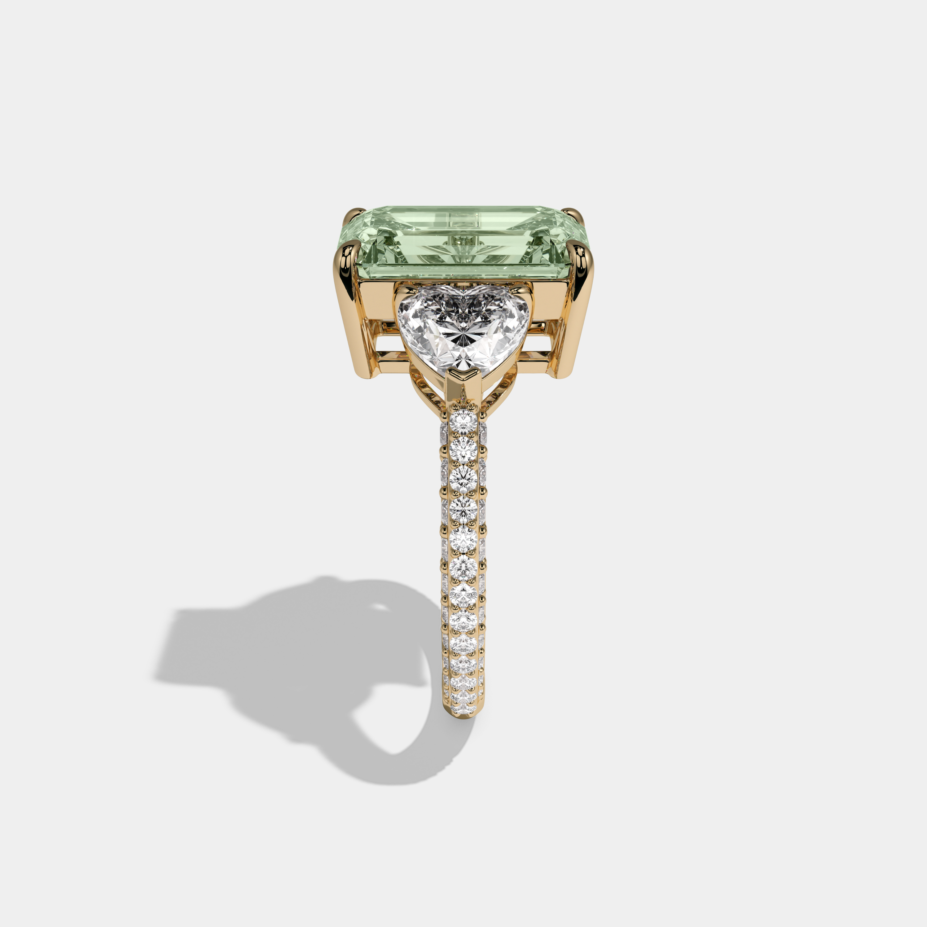Adelaide Fancy Light Green Emerald Cut Diamond Band With Heart Cut Sides Engagement Ring 8ct 18K Yellow Gold