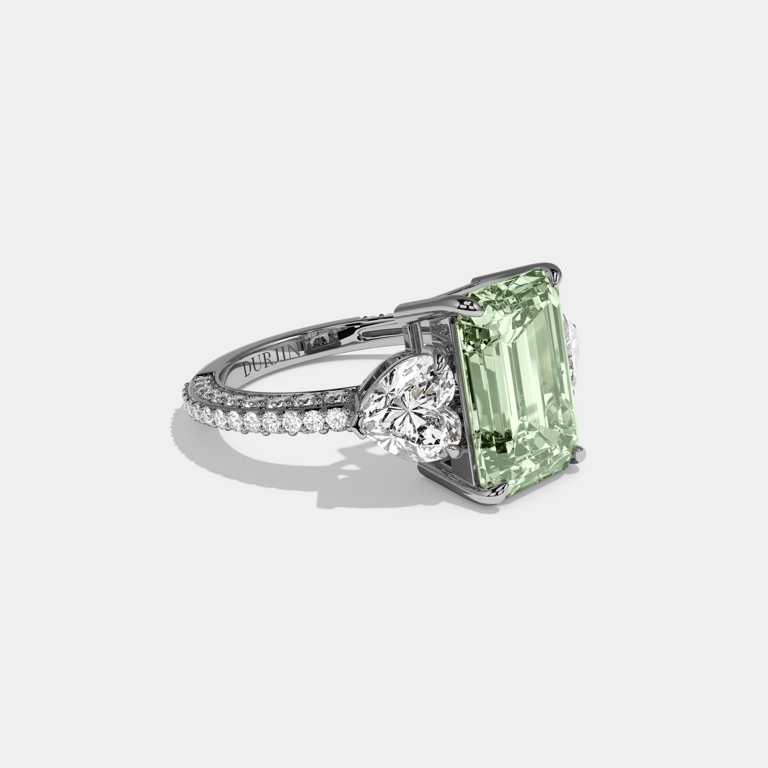 Alice Fancy Light Green Emerald Cut Diamond Band With Heart Cut Sides Engagement Ring 8ct 18K White Gold