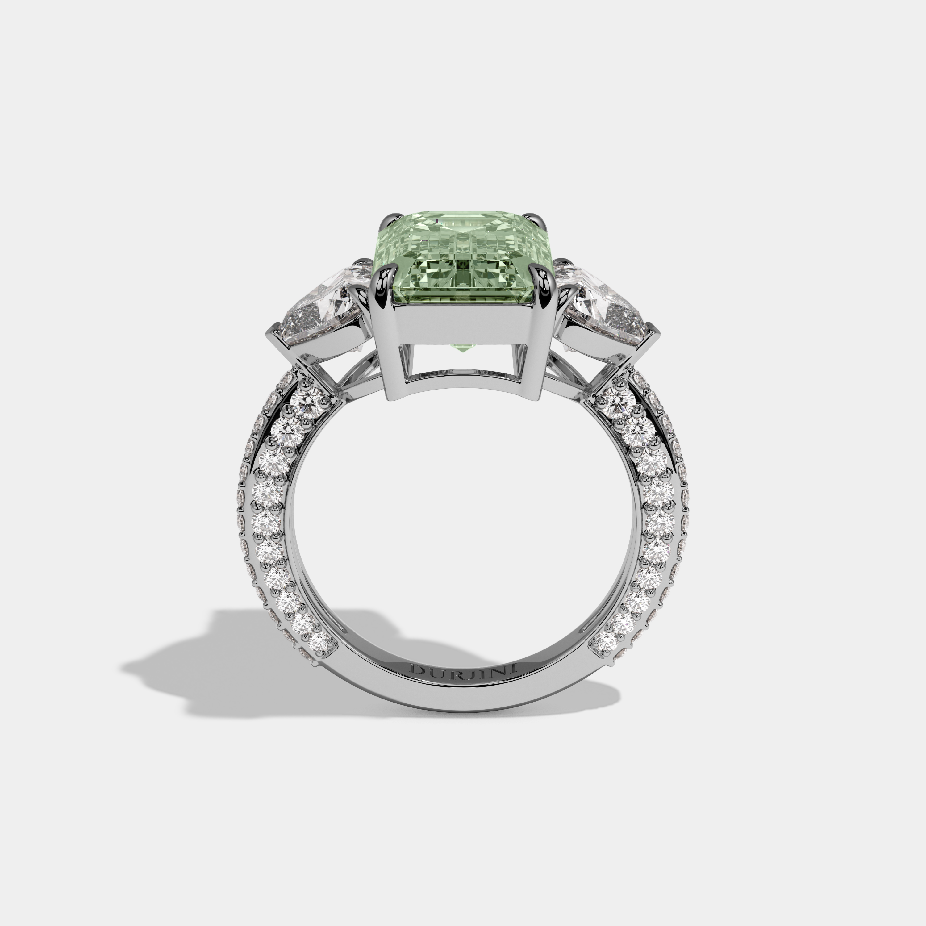 Alice Fancy Light Green Emerald Cut Diamond Band With Heart Cut Sides Engagement Ring 8ct 18K White Gold