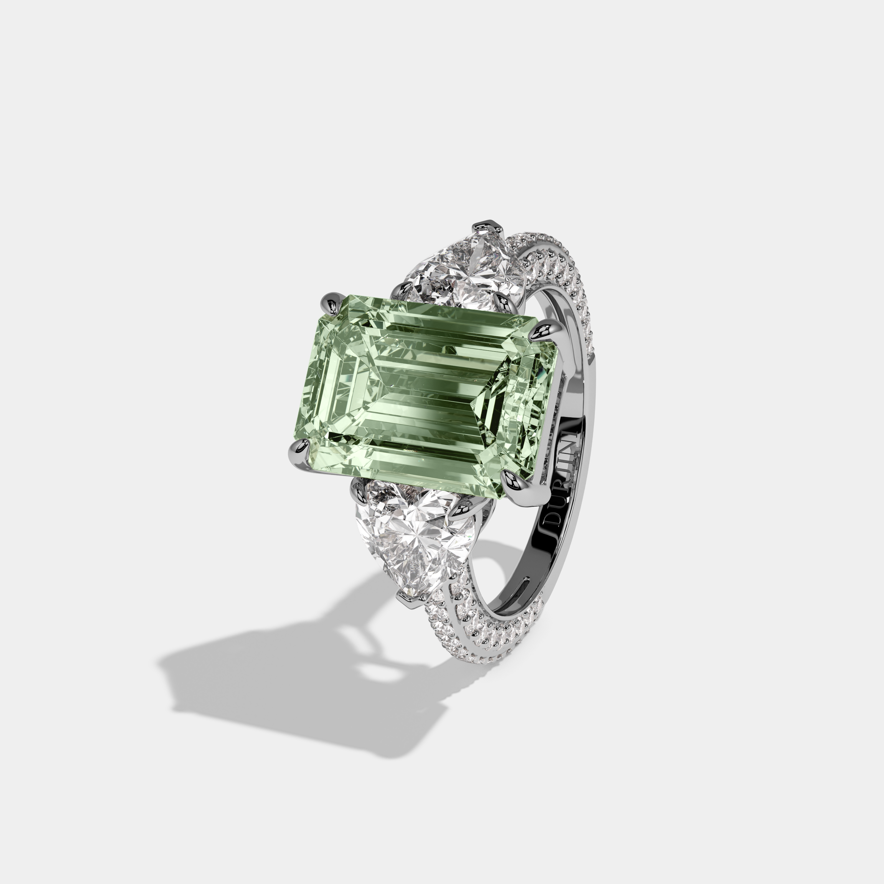 Alice Fancy Light Green Emerald Cut Diamond Band With Heart Cut Sides Engagement Ring 8ct 18K White Gold