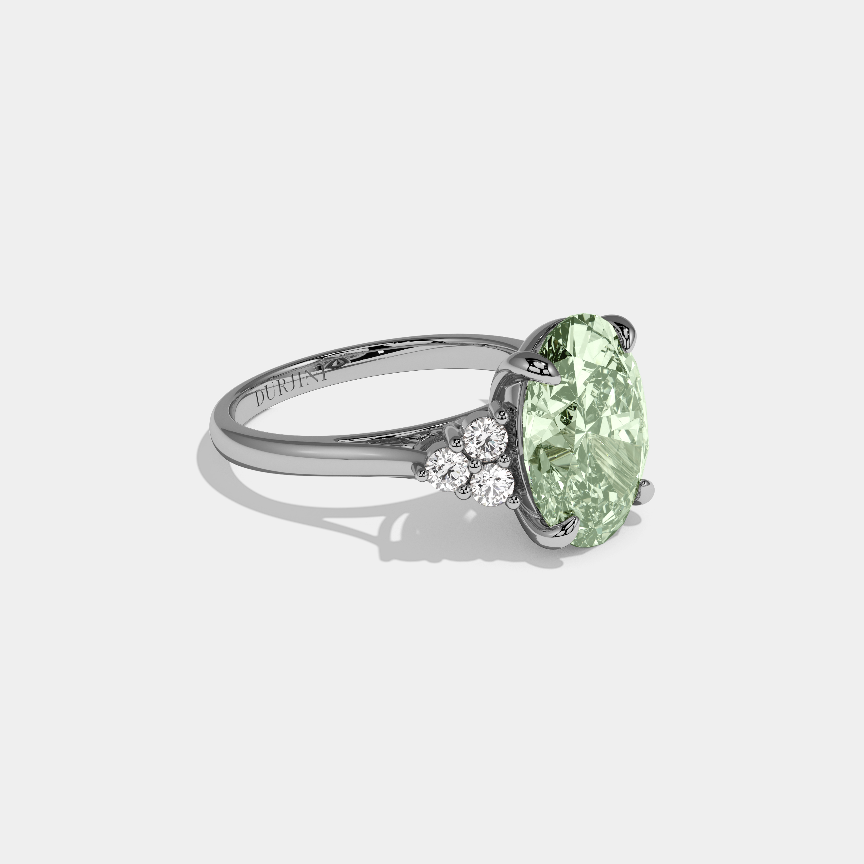 Eleanor Fancy Light Green Oval Cut Diamond Plain Band Engagement Ring With Round Sides 6ct 18K White Gold