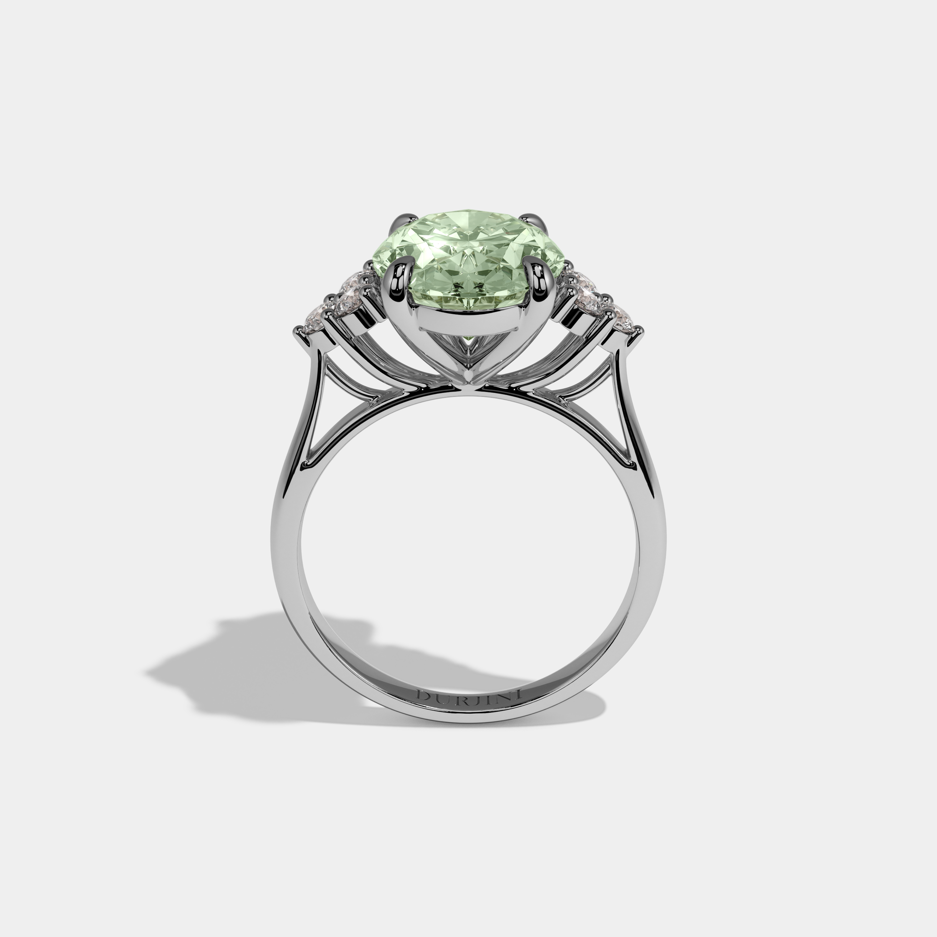 Eleanor Fancy Light Green Oval Cut Diamond Plain Band Engagement Ring With Round Sides 6ct 18K White Gold