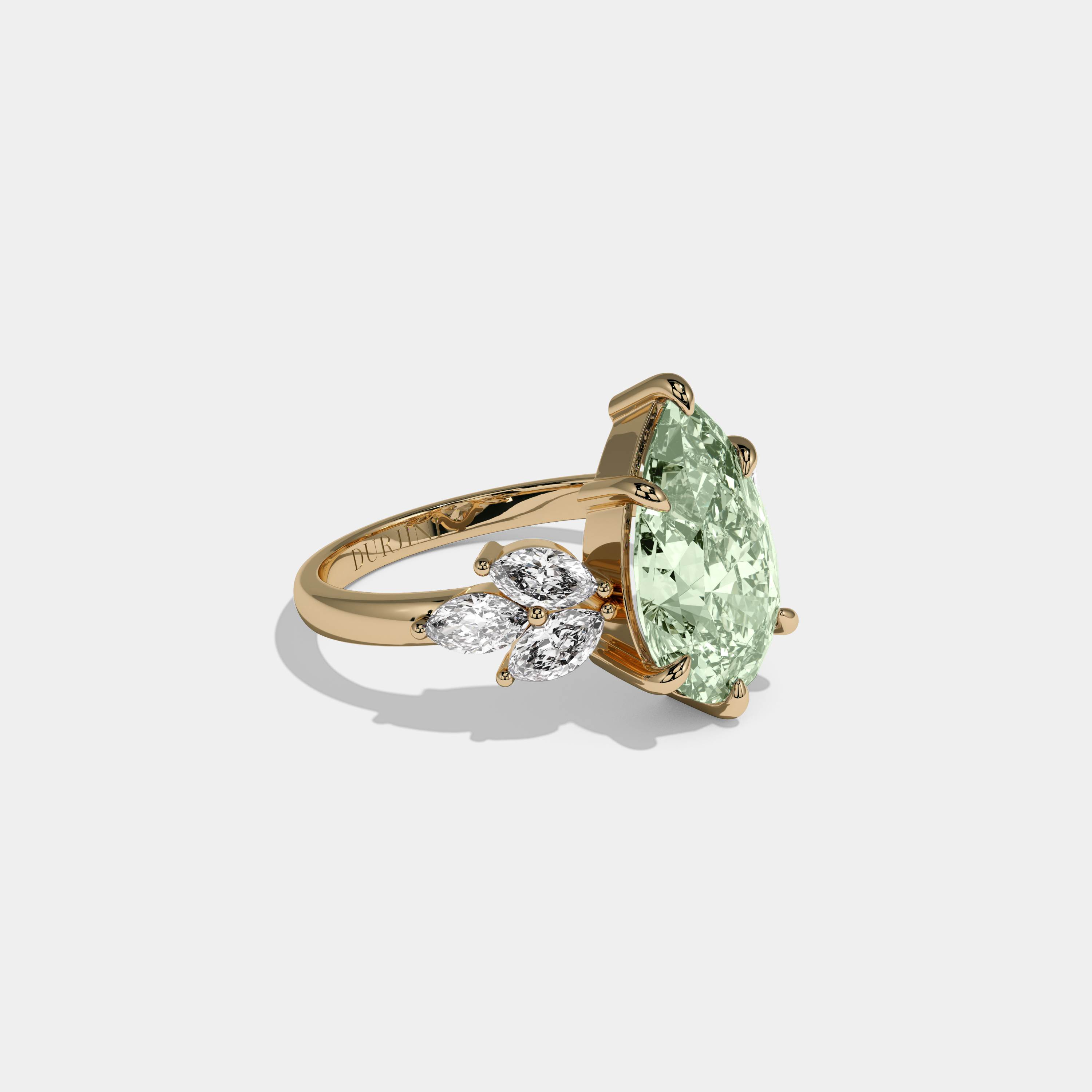 Margaret Fancy Light Green Pear Cut Diamond Plain Band With Marquise Cut Sides Engagement Ring 7ct 18K Yellow Gold