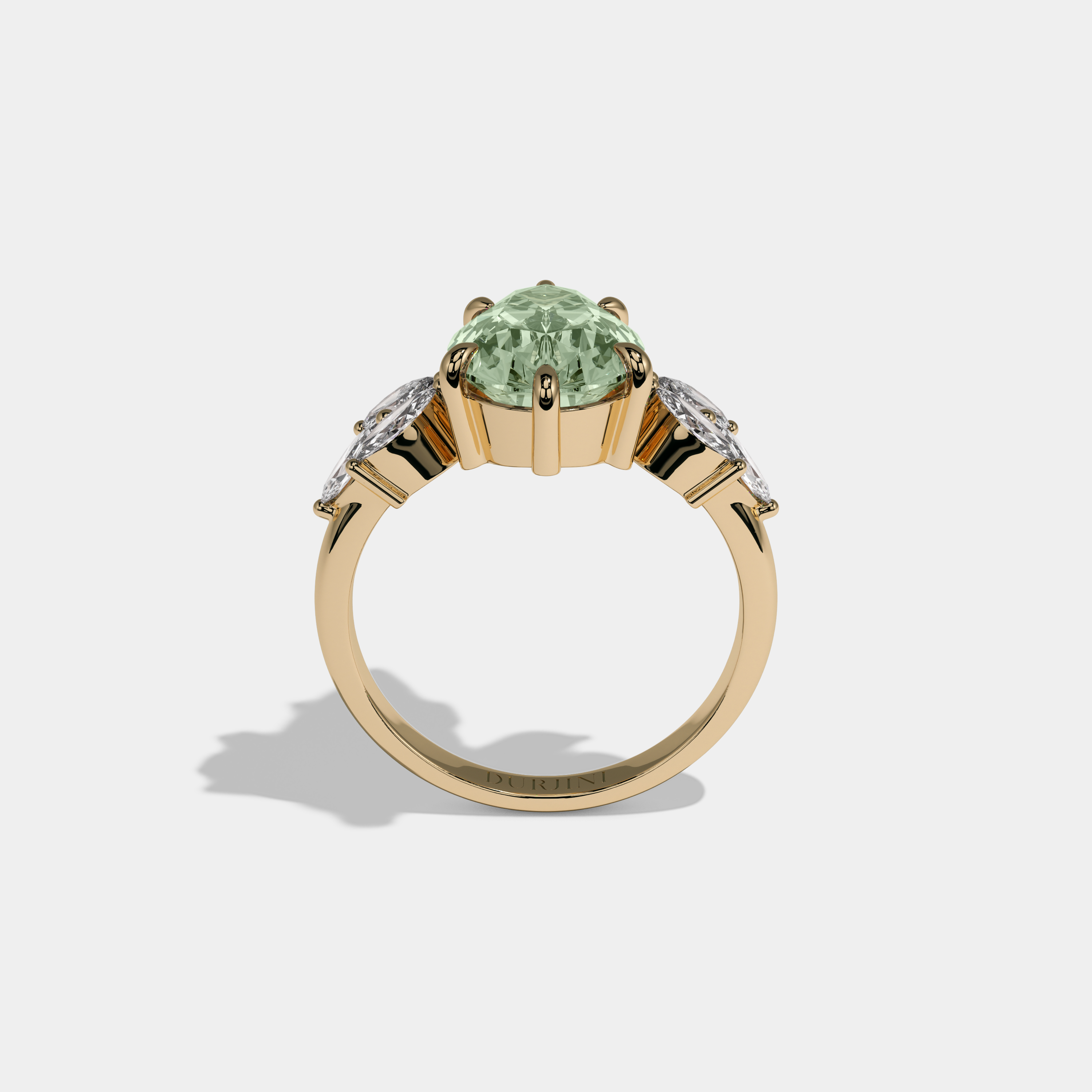 Margaret Fancy Light Green Pear Cut Diamond Plain Band With Marquise Cut Sides Engagement Ring 7ct 18K Yellow Gold