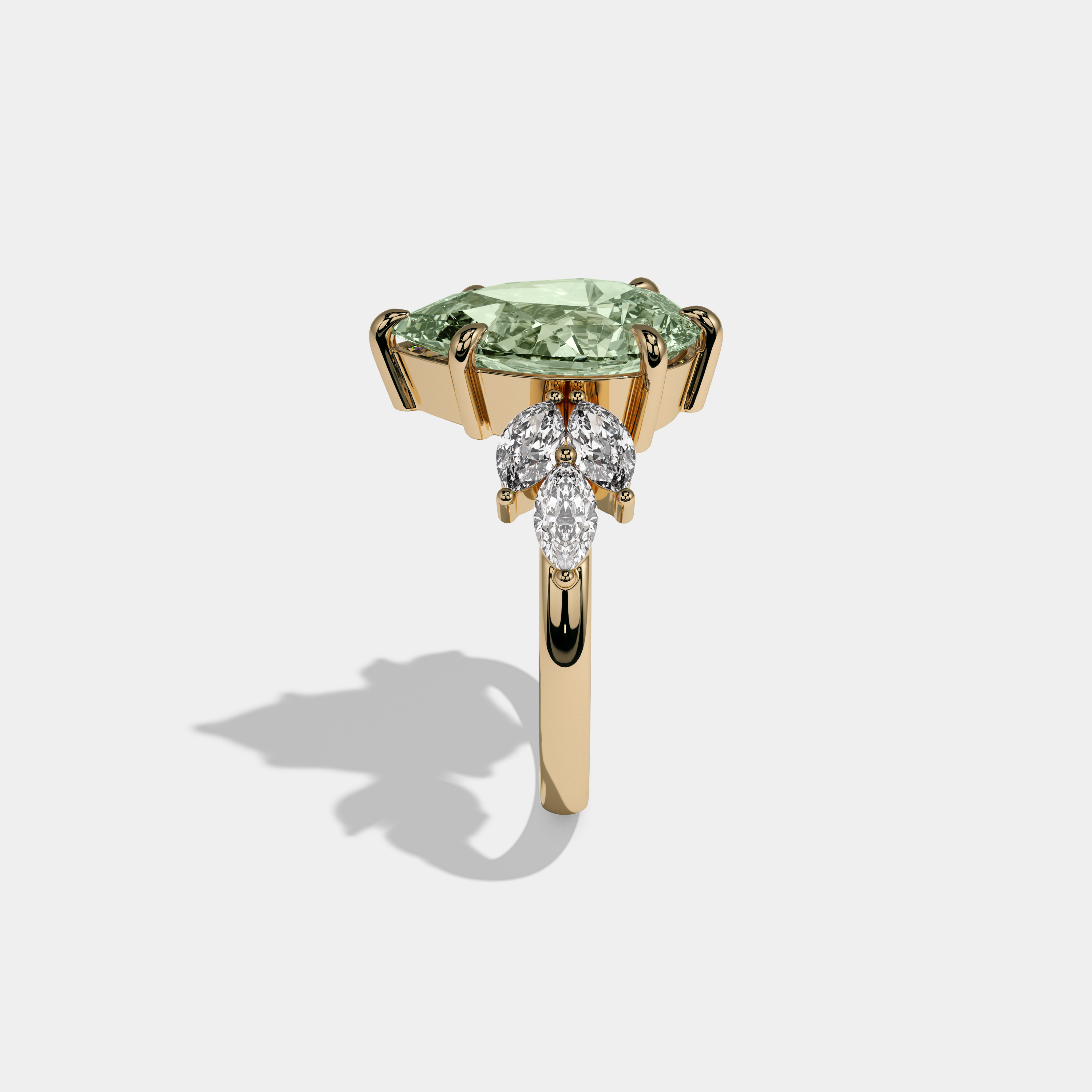 Margaret Fancy Light Green Pear Cut Diamond Plain Band With Marquise Cut Sides Engagement Ring 7ct 18K Yellow Gold