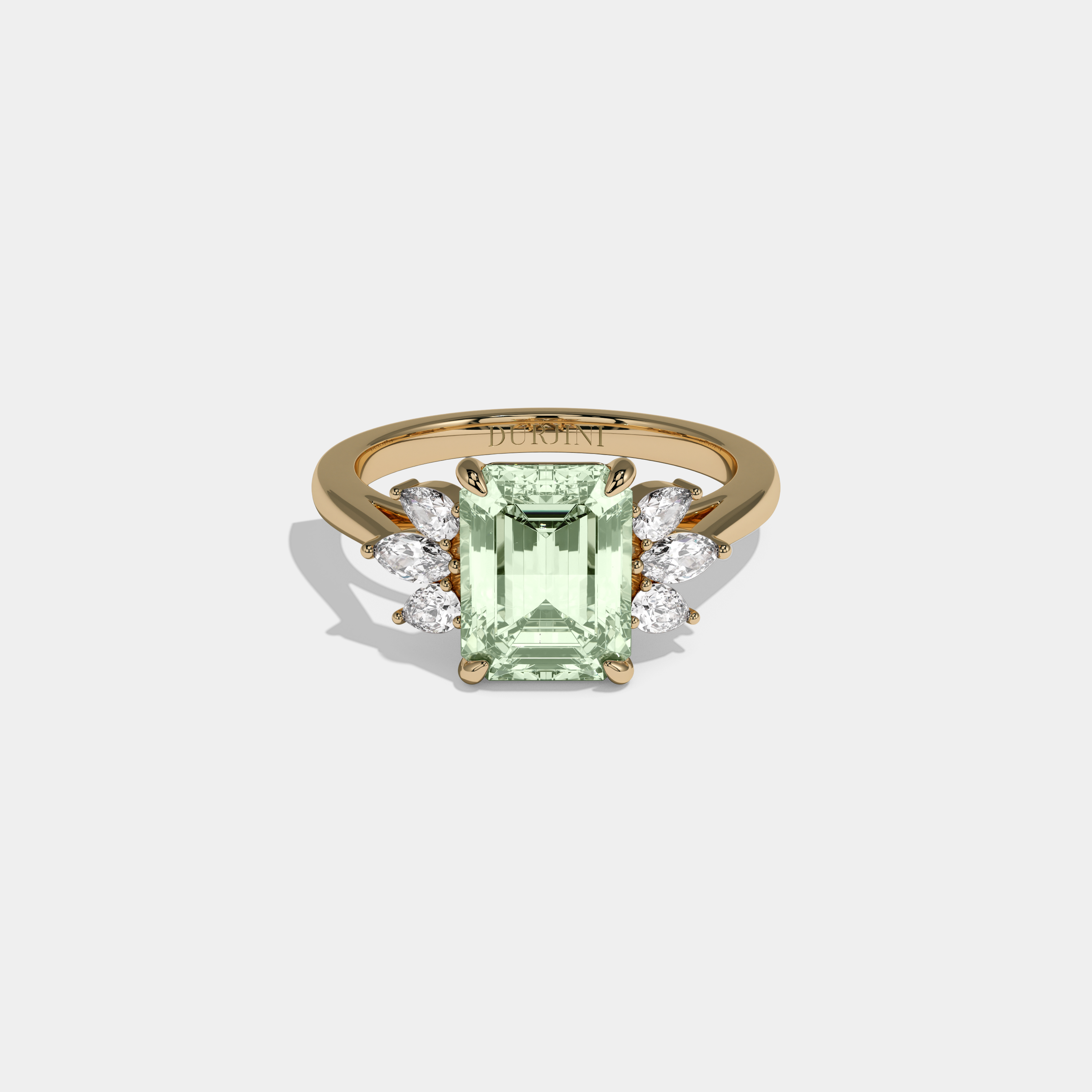 Alice Fancy Light Green Emerald Cut Diamond Plain Band With Marquise Cut Sides Engagement Ring 6ct 18K Yellow Gold