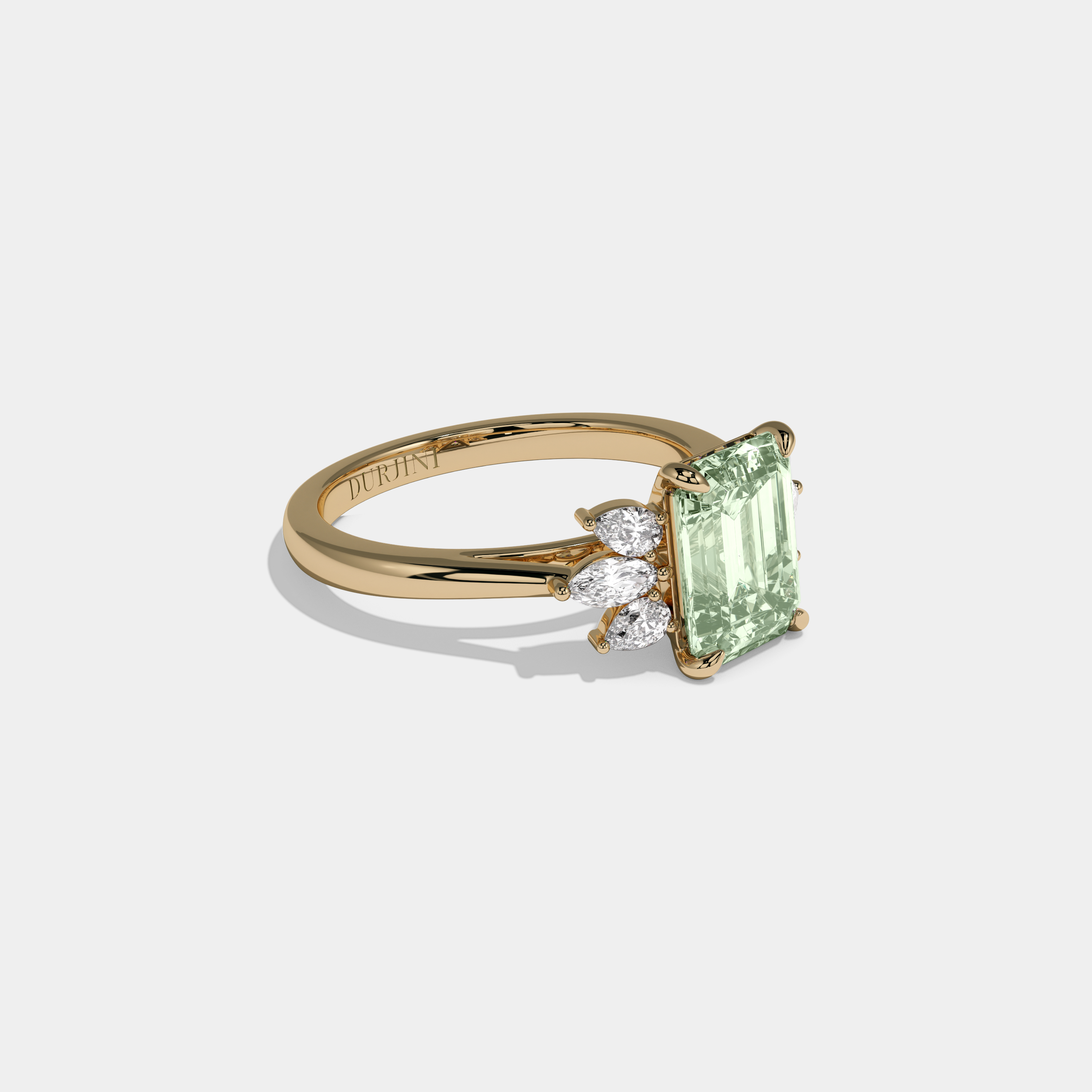 Alice Fancy Light Green Emerald Cut Diamond Plain Band With Marquise Cut Sides Engagement Ring 6ct 18K Yellow Gold