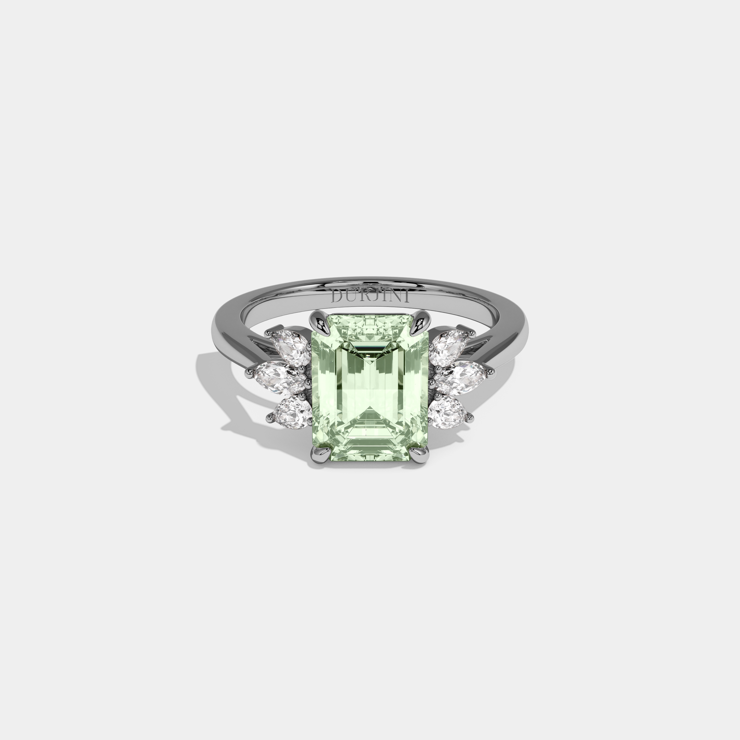 Eleanor Fancy Light Green Emerald Cut Diamond Plain Band With Marquise Cut Sides Engagement Ring 6ct 18K White Gold