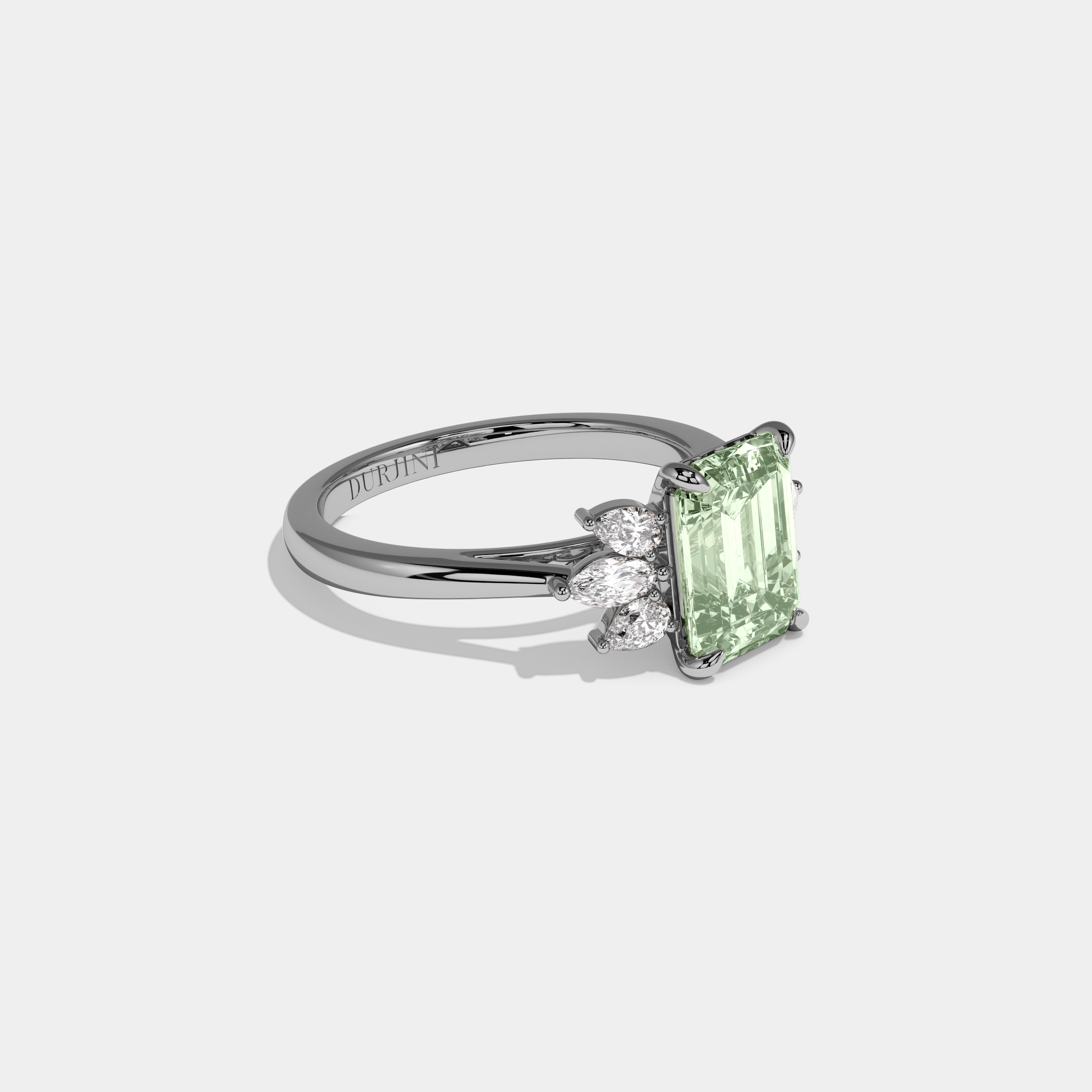 Eleanor Fancy Light Green Emerald Cut Diamond Plain Band With Marquise Cut Sides Engagement Ring 6ct 18K White Gold