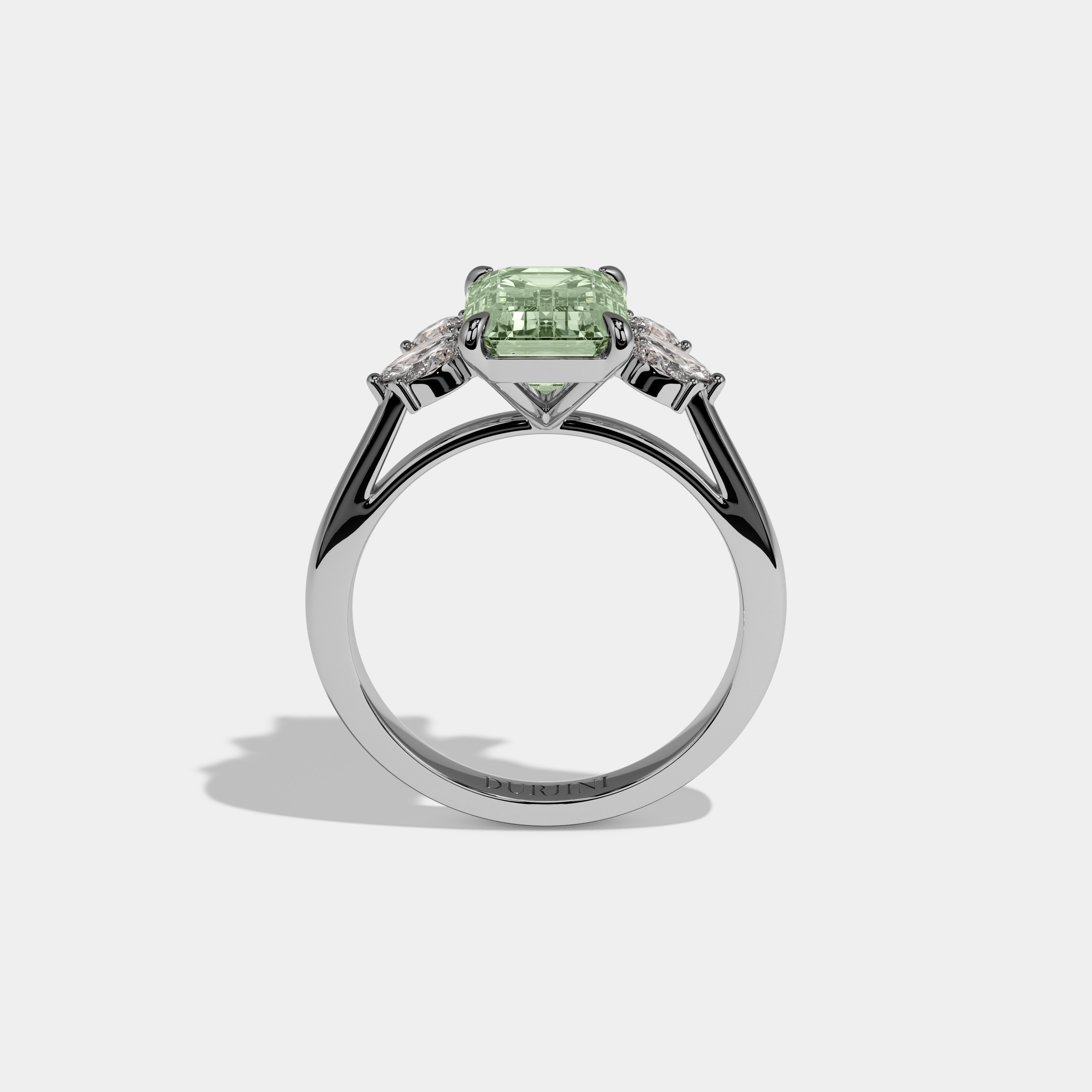 Eleanor Fancy Light Green Emerald Cut Diamond Plain Band With Marquise Cut Sides Engagement Ring 6ct 18K White Gold