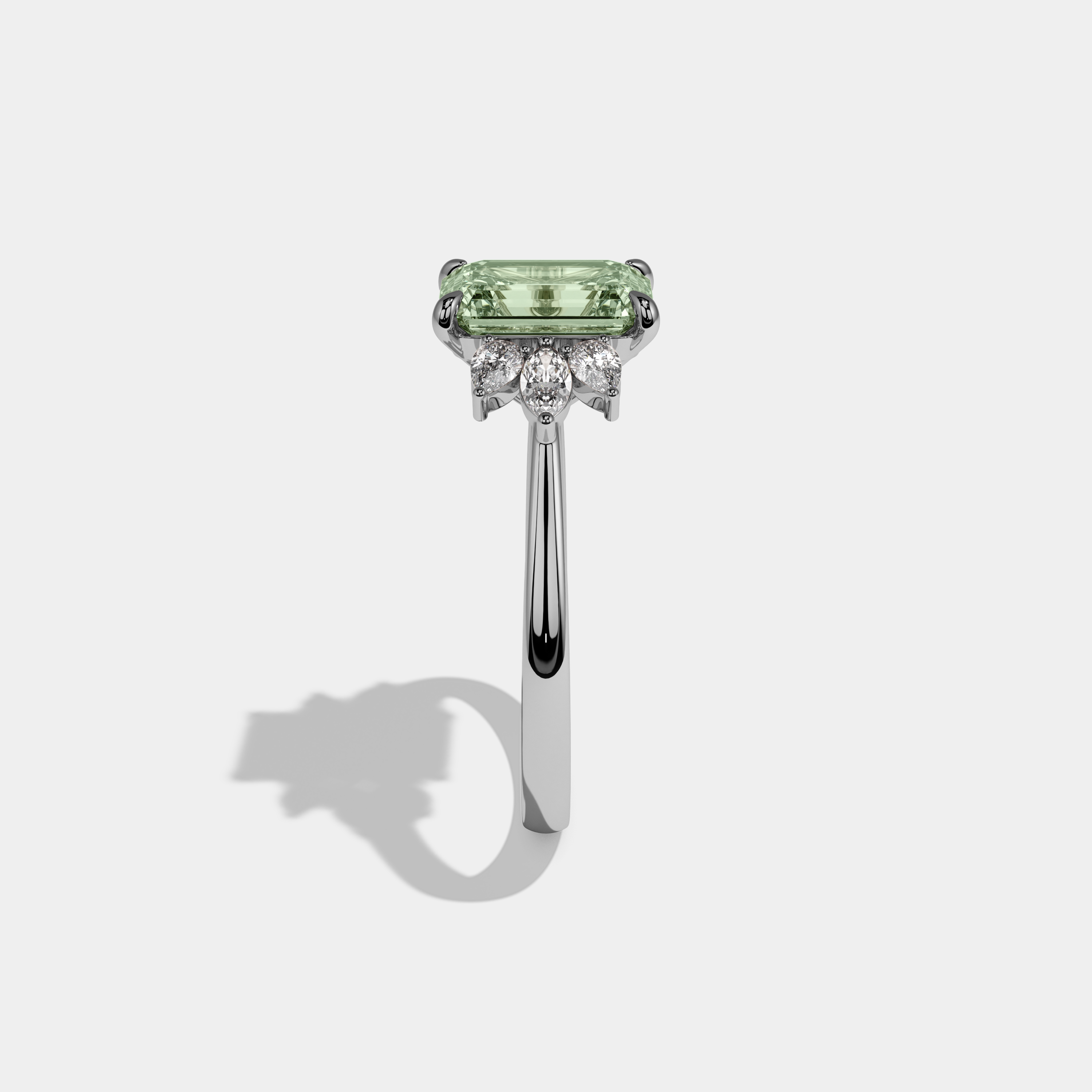 Eleanor Fancy Light Green Emerald Cut Diamond Plain Band With Marquise Cut Sides Engagement Ring 6ct 18K White Gold