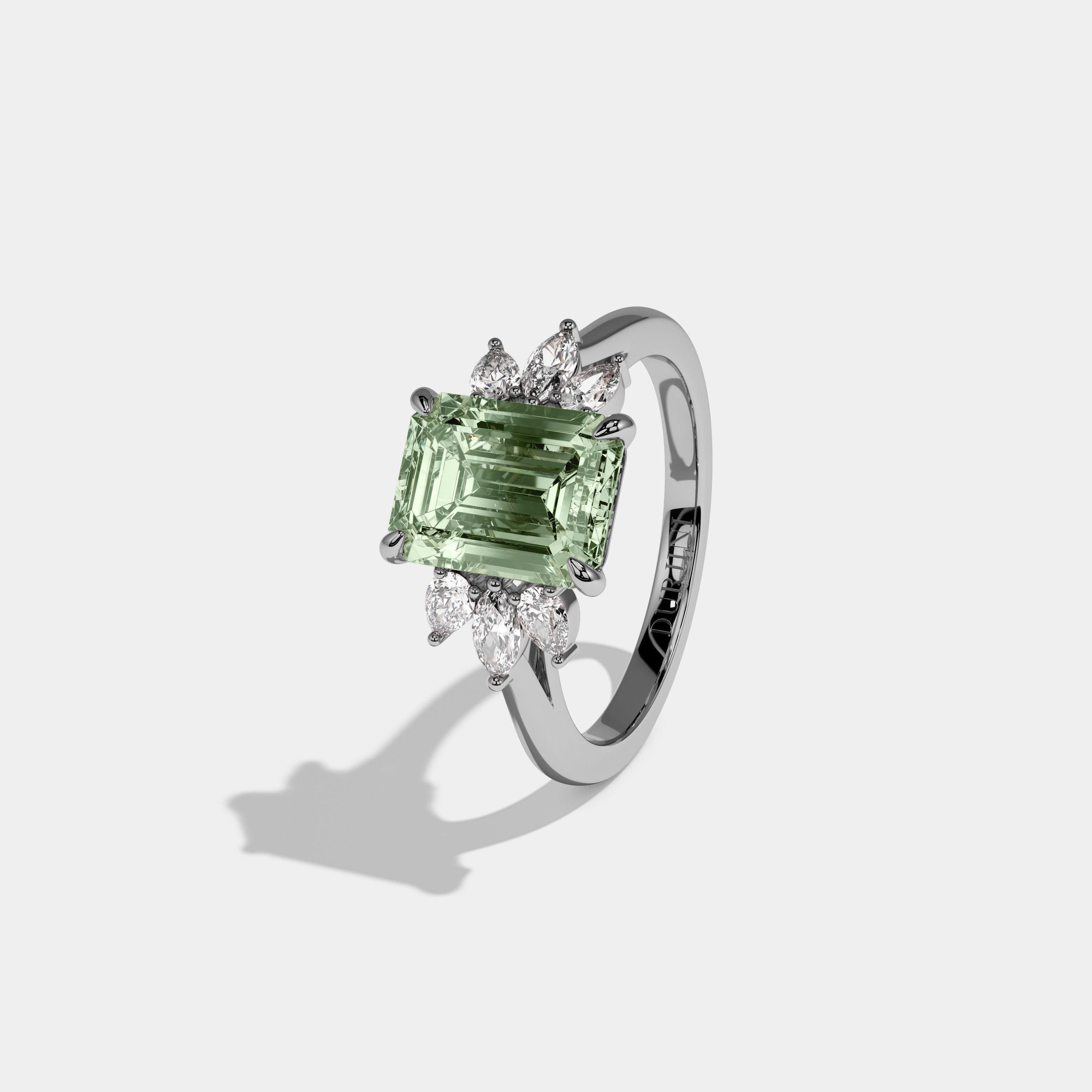 Eleanor Fancy Light Green Emerald Cut Diamond Plain Band With Marquise Cut Sides Engagement Ring 6ct 18K White Gold
