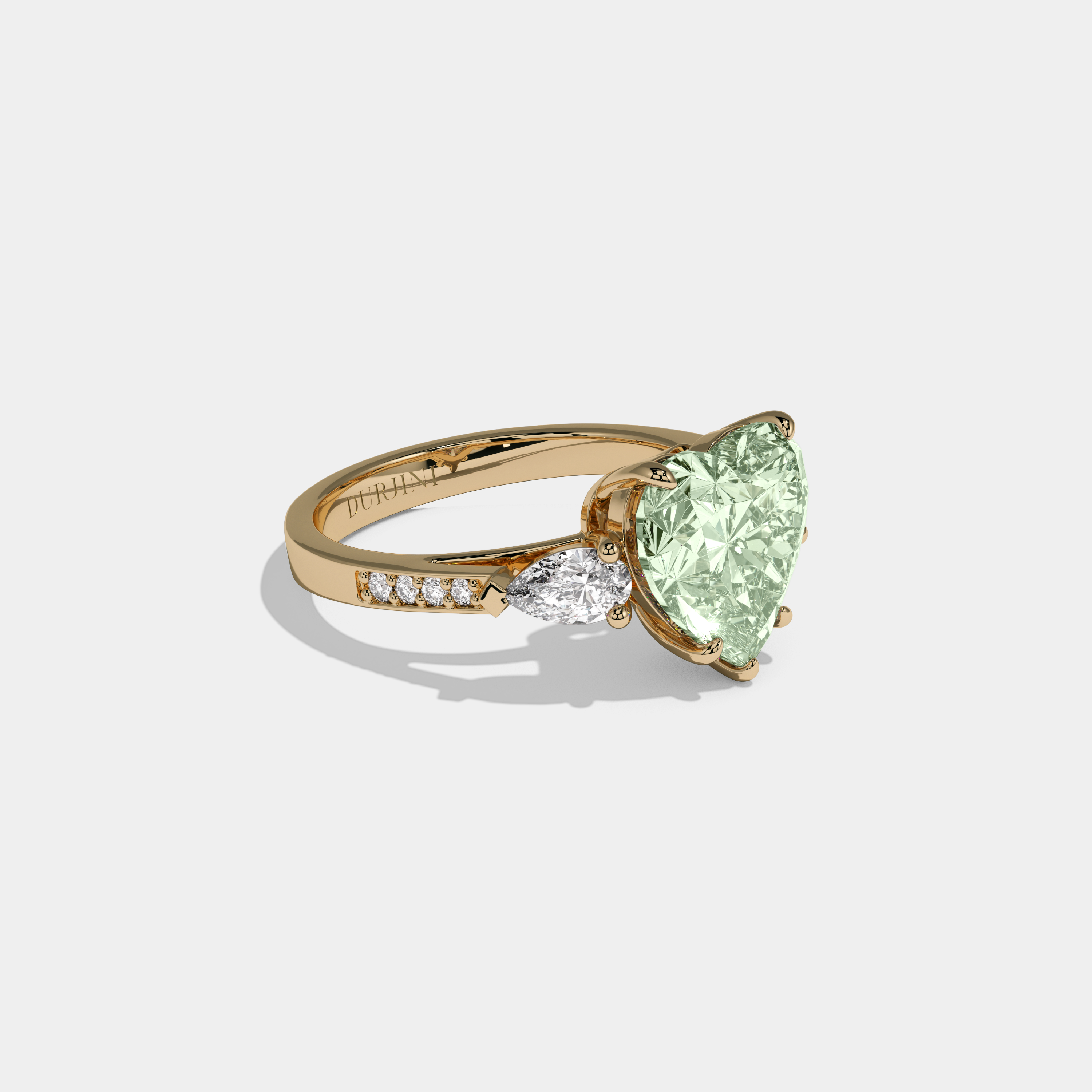 Adelaide Fancy Light Green Heart Brilliant Cut Diamond Band With Pear Sides Engagement Ring 7ct 18K Yellow Gold