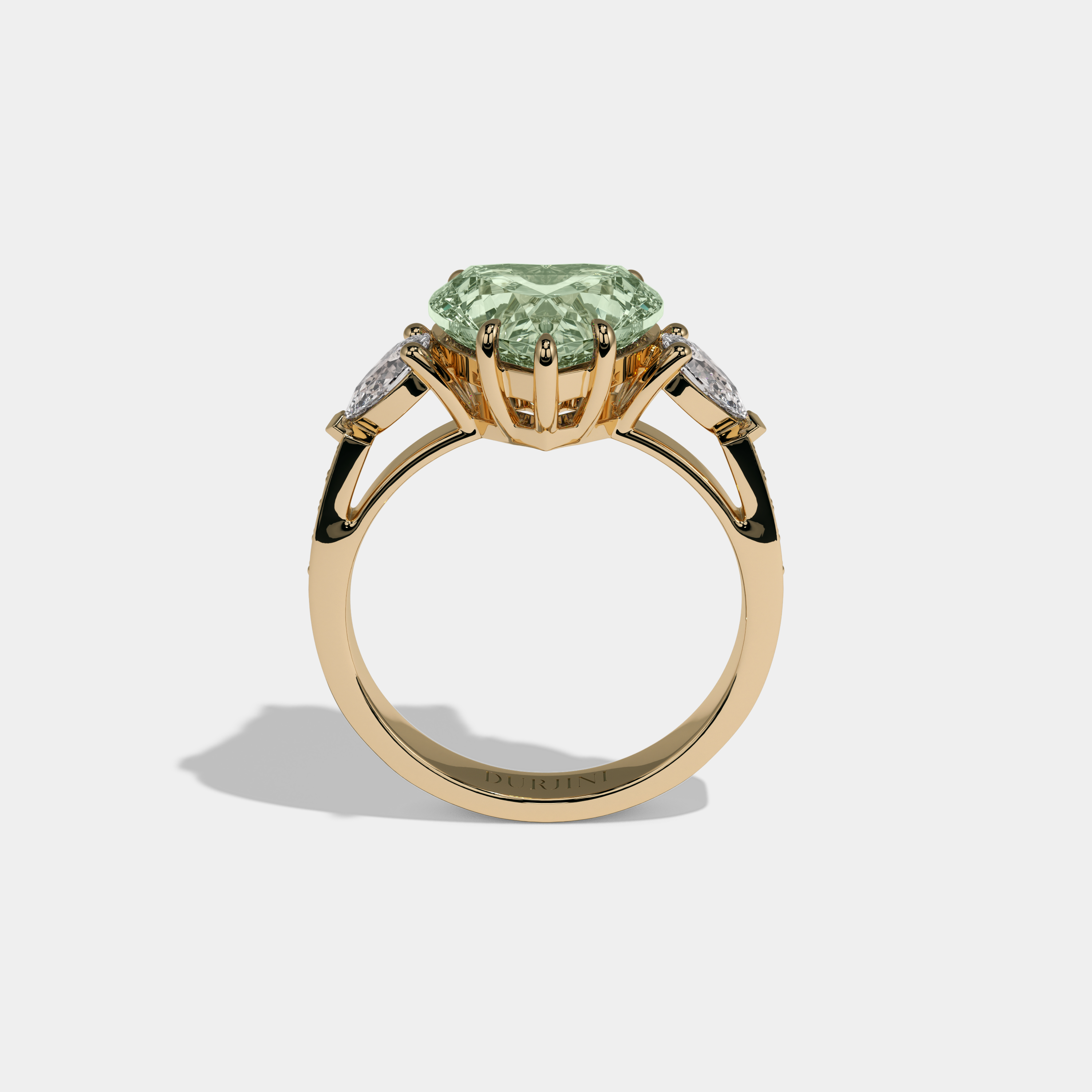 Adelaide Fancy Light Green Heart Brilliant Cut Diamond Band With Pear Sides Engagement Ring 7ct 18K Yellow Gold