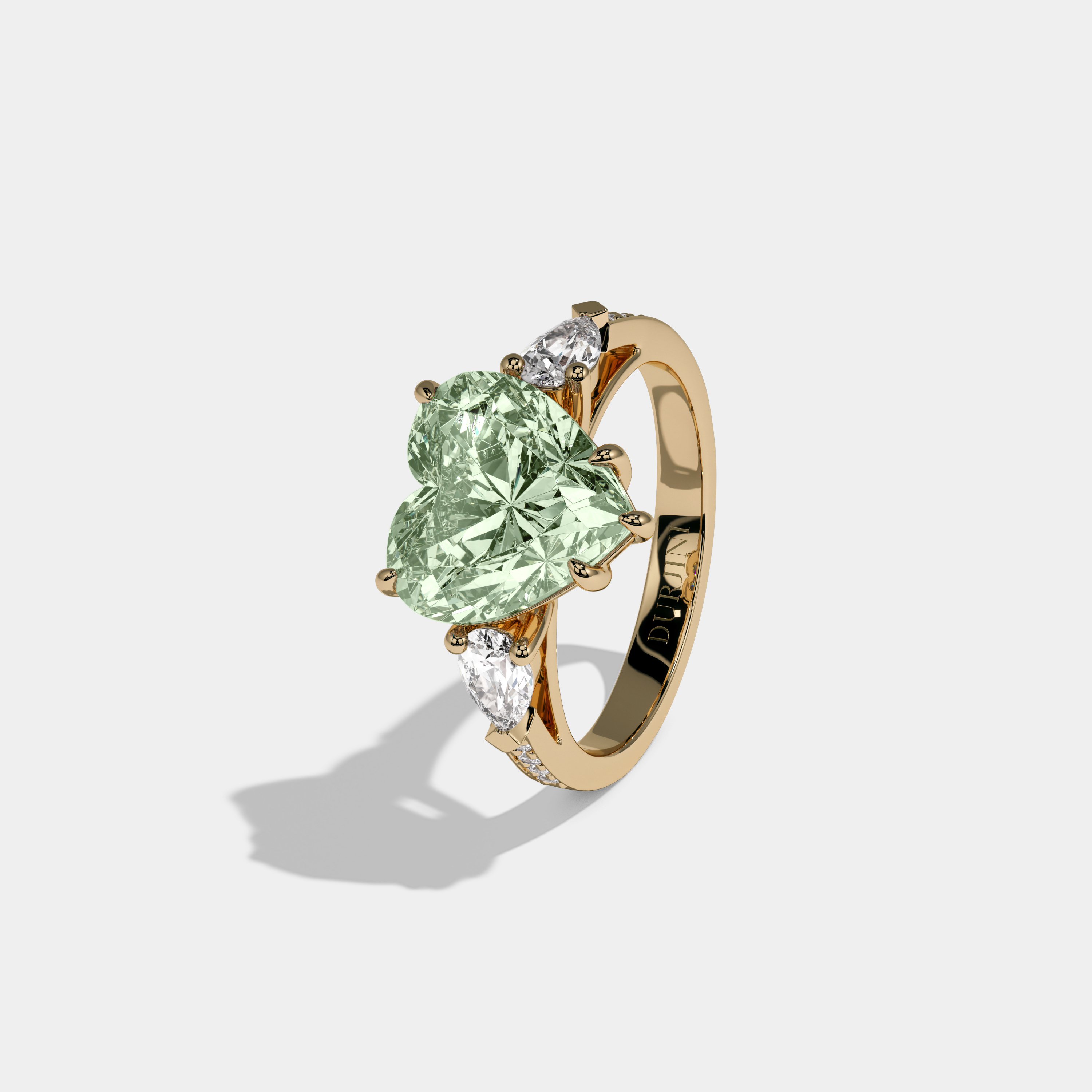 Adelaide Fancy Light Green Heart Brilliant Cut Diamond Band With Pear Sides Engagement Ring 7ct 18K Yellow Gold