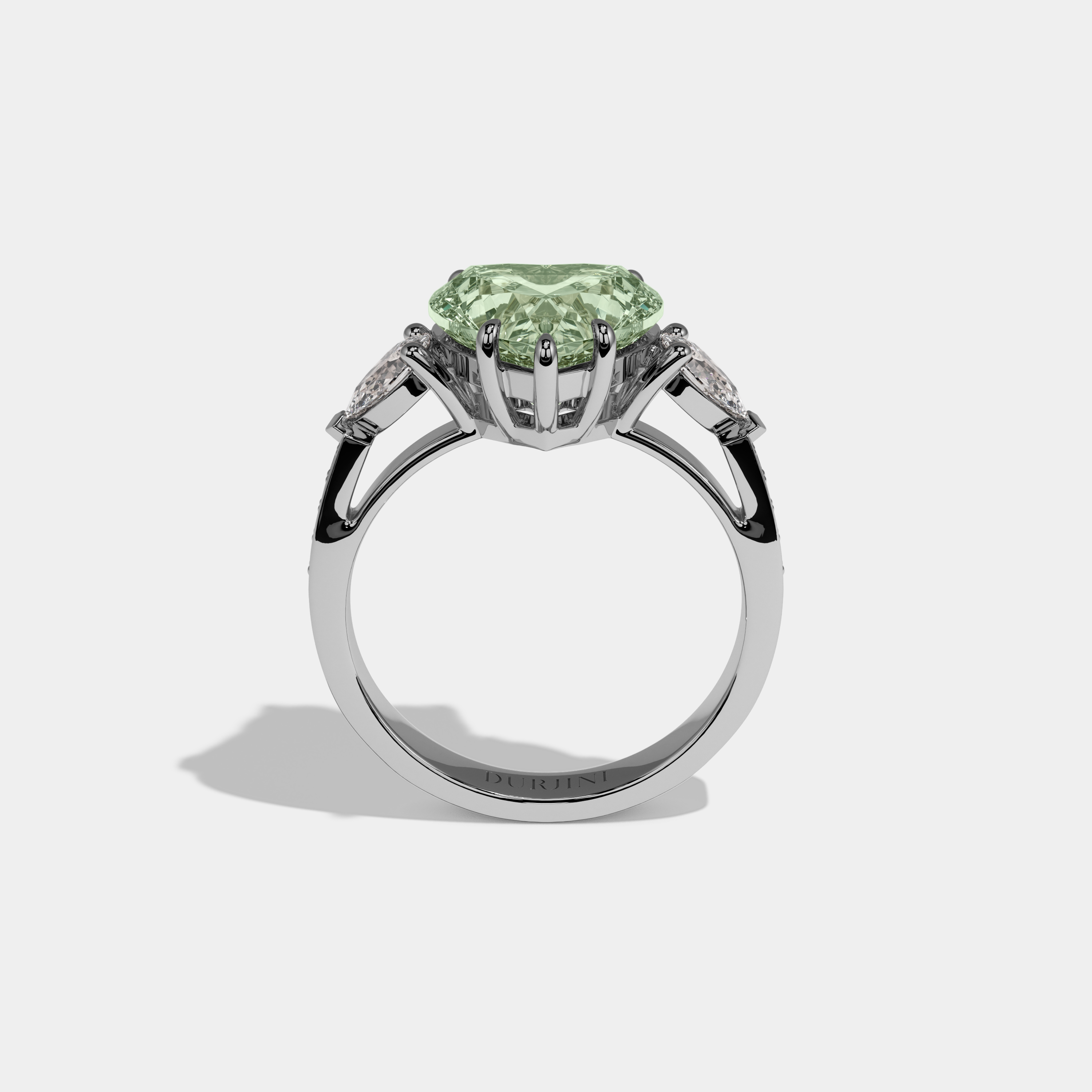 Alice Fancy Light Green Heart Brilliant Cut Diamond Band With Pear Sides Engagement Ring 7ct 18K White Gold