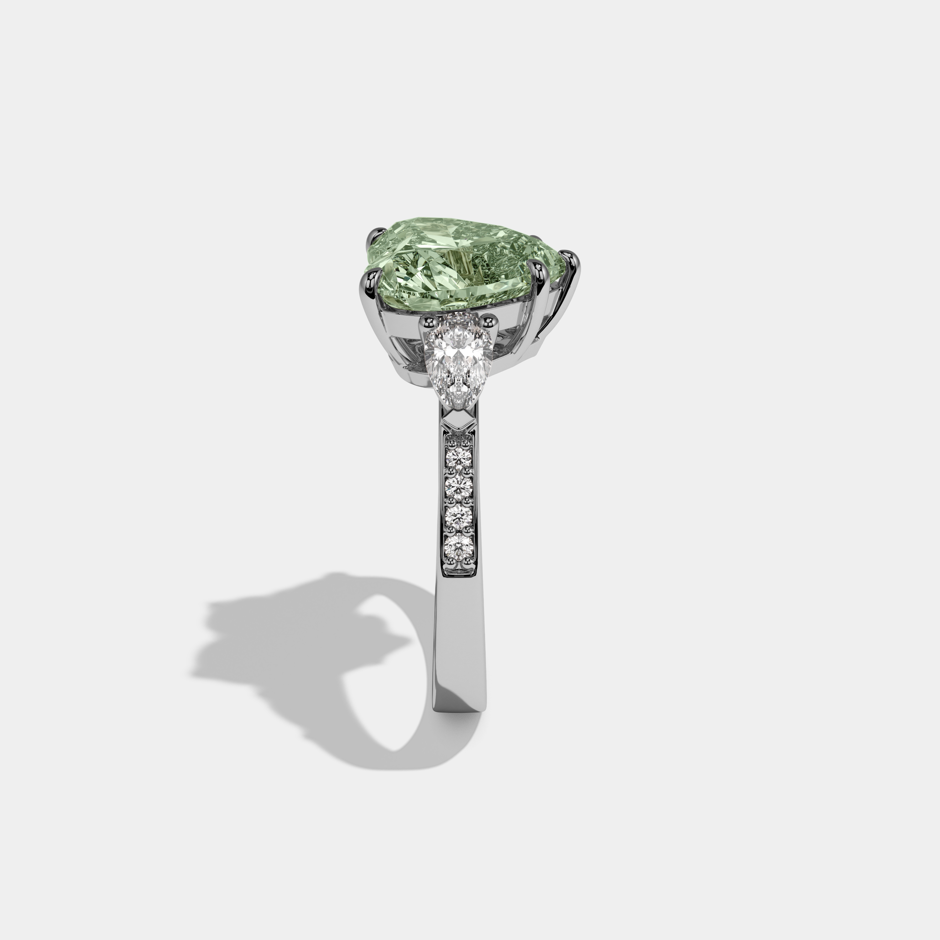 Alice Fancy Light Green Heart Brilliant Cut Diamond Band With Pear Sides Engagement Ring 7ct 18K White Gold