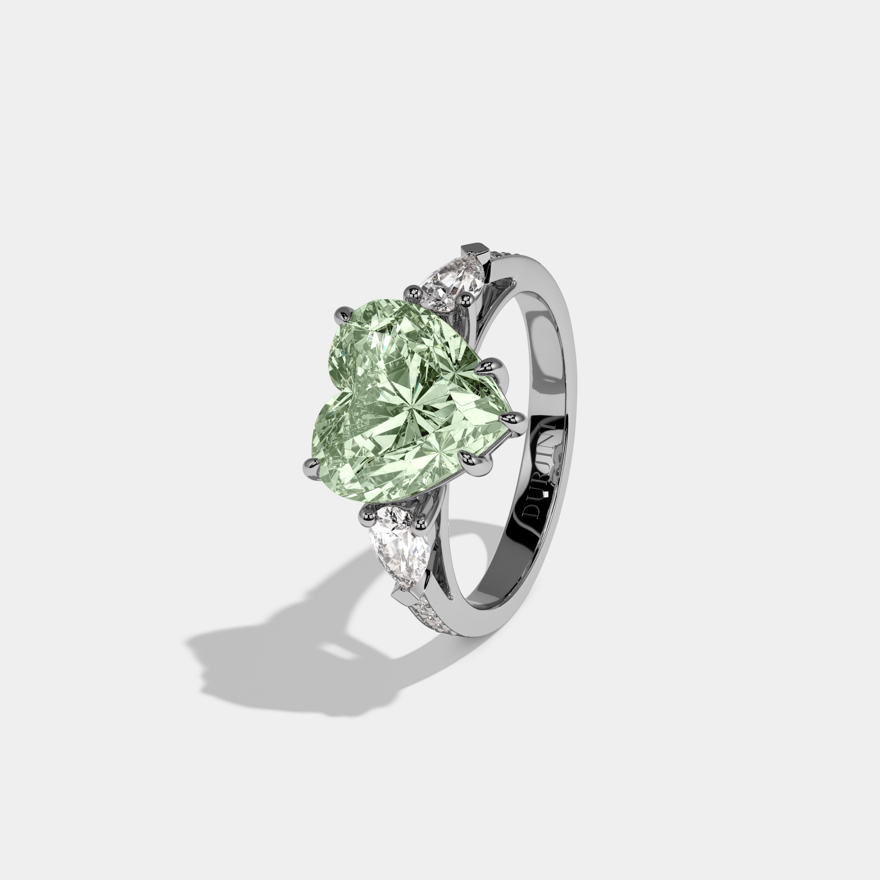 Alice Fancy Light Green Heart Brilliant Cut Diamond Band With Pear Sides Engagement Ring 7ct 18K White Gold