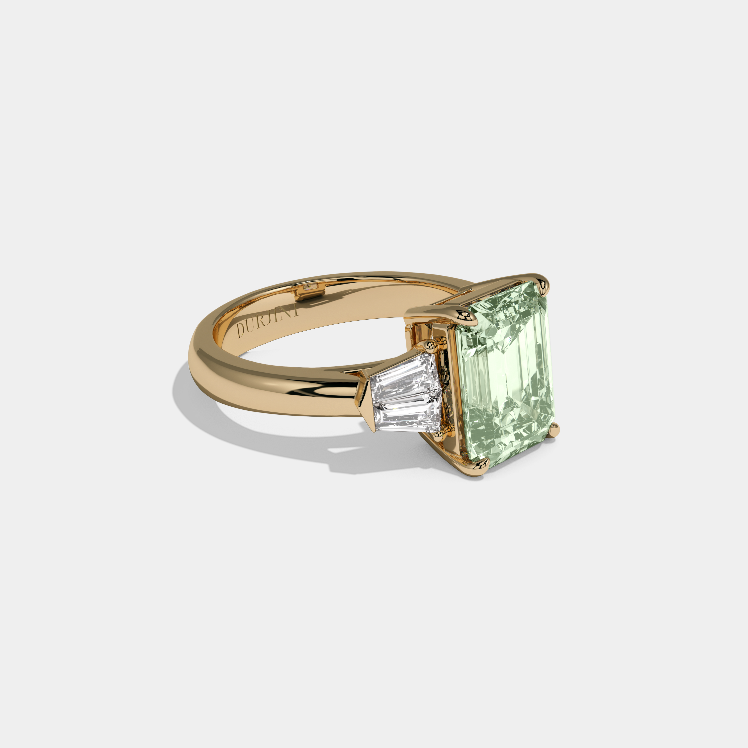 Adelaide Fancy Light Green Emerald Cut Diamond Plain Band With Baguette Sides Engagement Ring 6ct 18K Yellow Gold