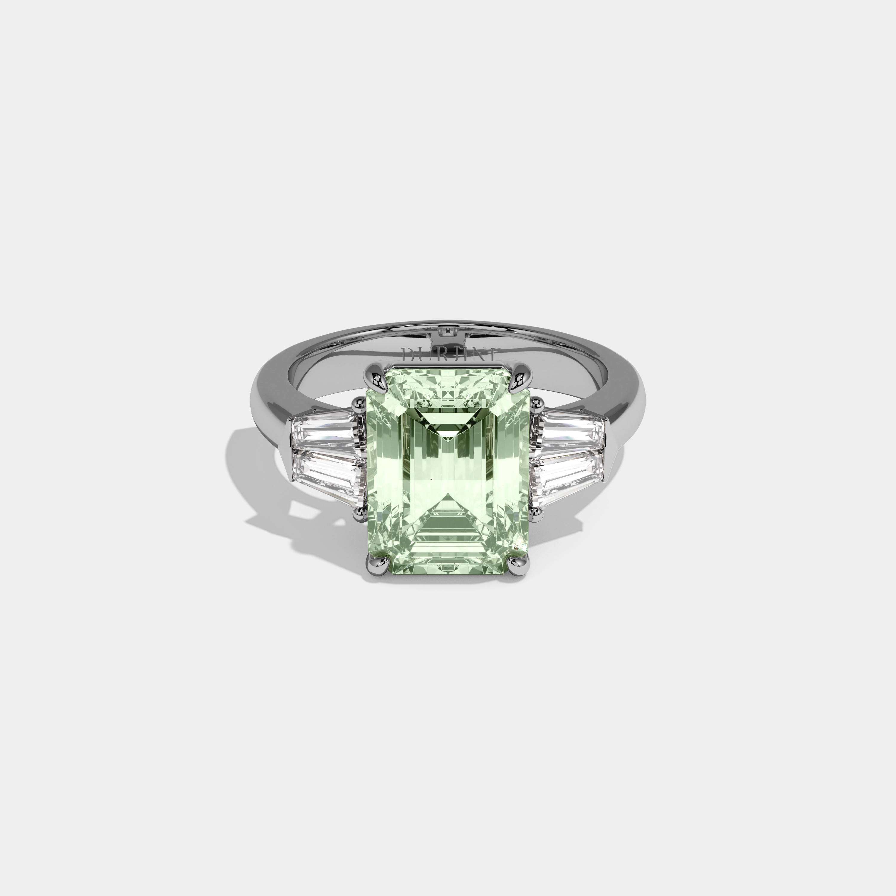 Alice Fancy Light Green Emerald Cut Diamond Plain Band With Baguette Sides Engagement Ring 6ct 18K White Gold