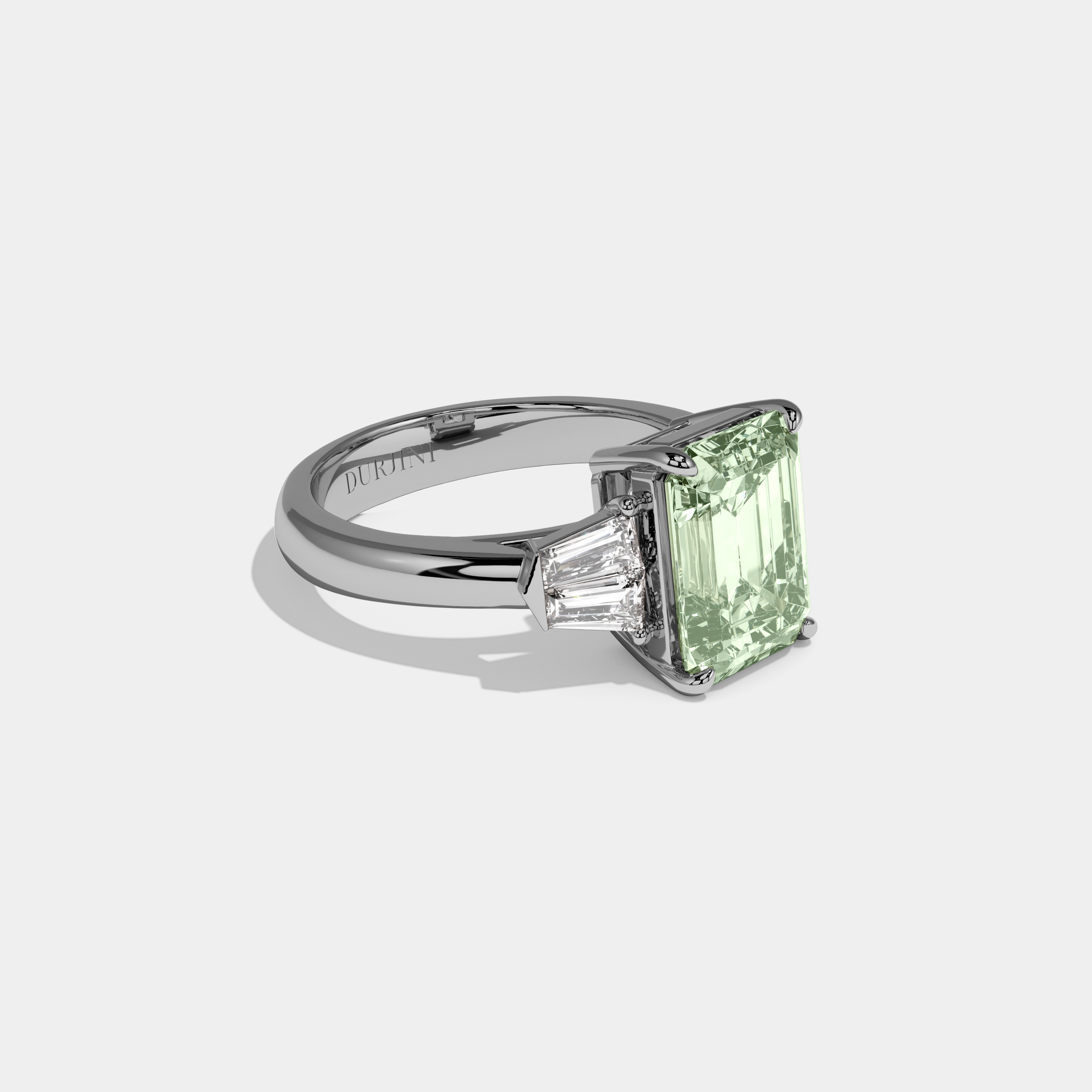 Alice Fancy Light Green Emerald Cut Diamond Plain Band With Baguette Sides Engagement Ring 6ct 18K White Gold