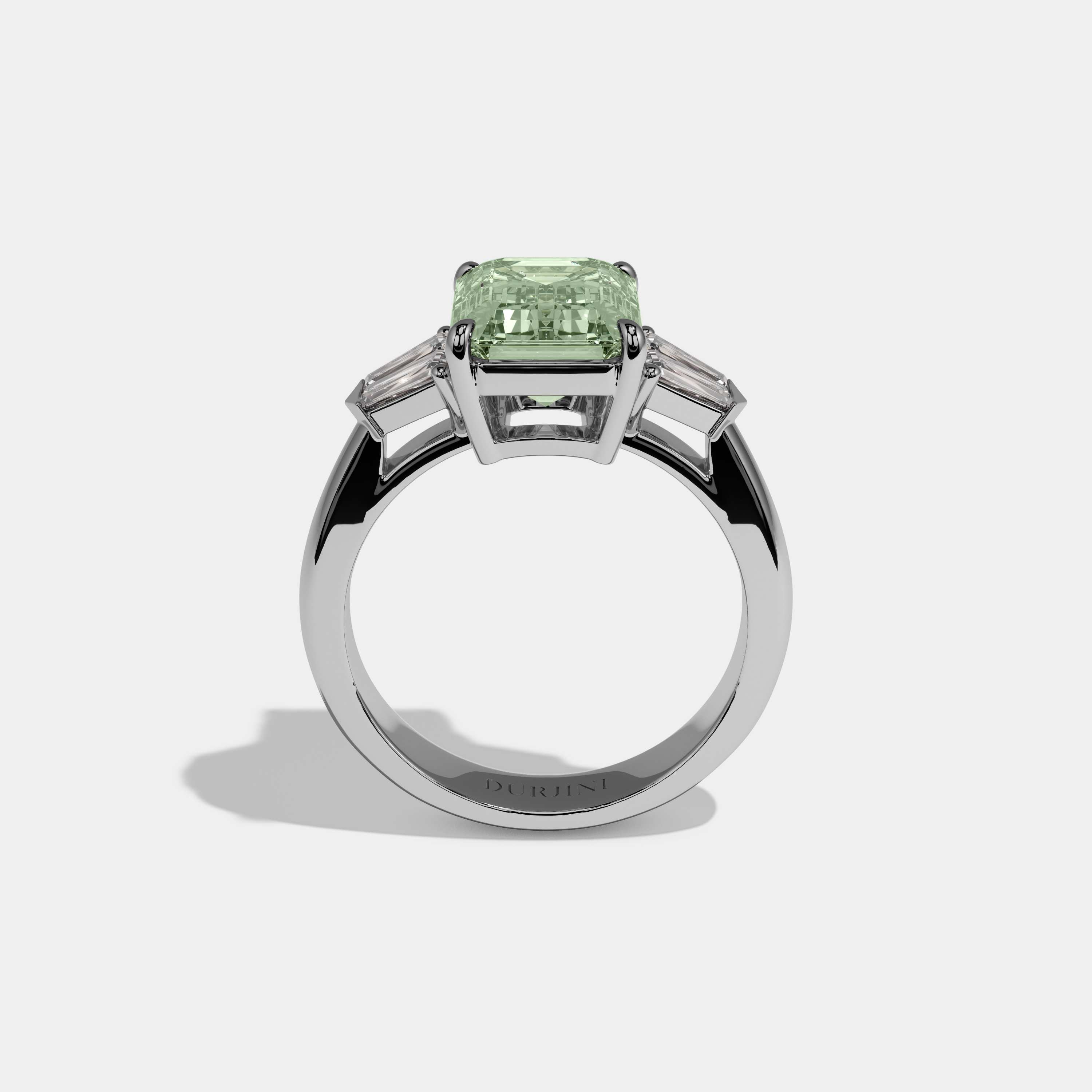 Alice Fancy Light Green Emerald Cut Diamond Plain Band With Baguette Sides Engagement Ring 6ct 18K White Gold