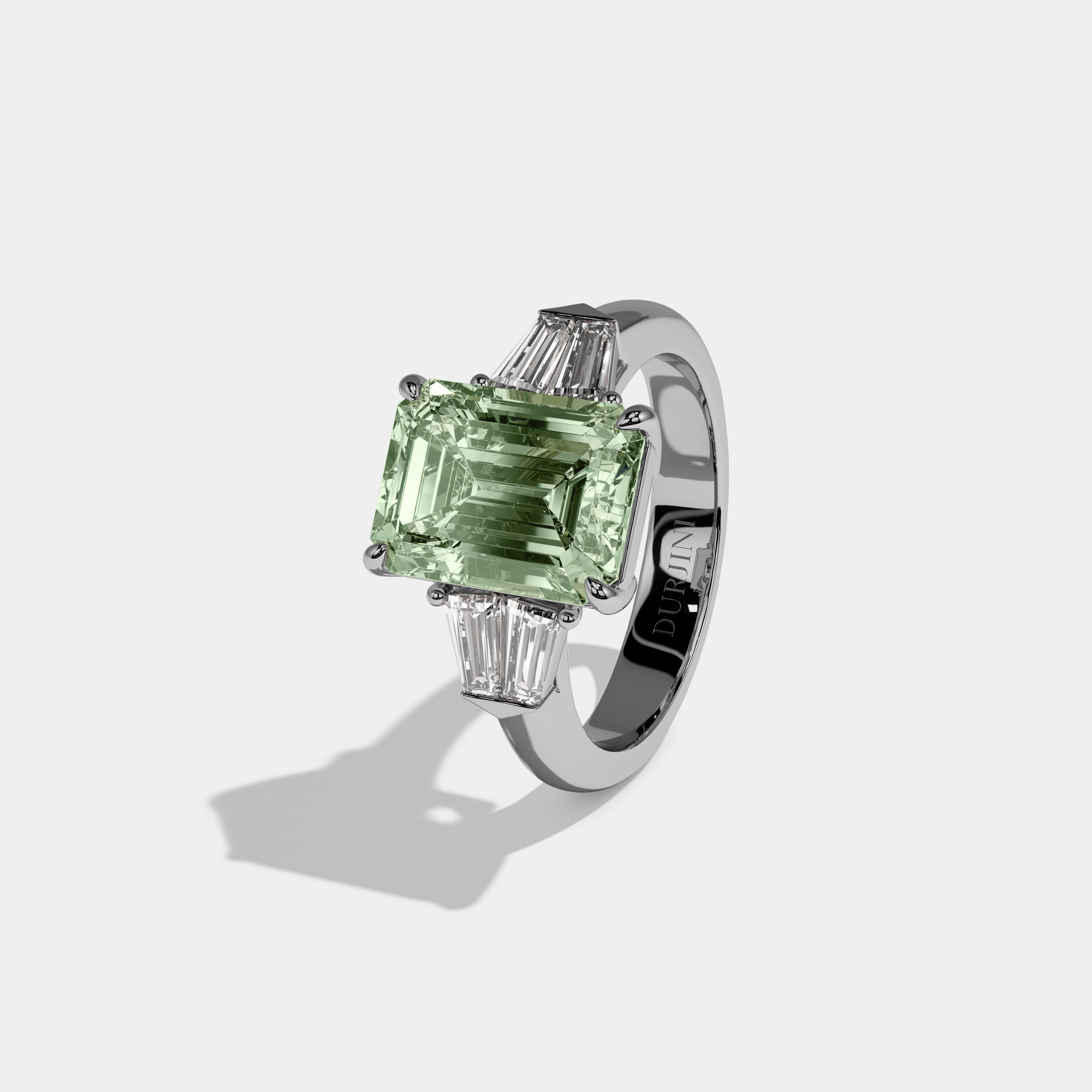 Alice Fancy Light Green Emerald Cut Diamond Plain Band With Baguette Sides Engagement Ring 6ct 18K White Gold