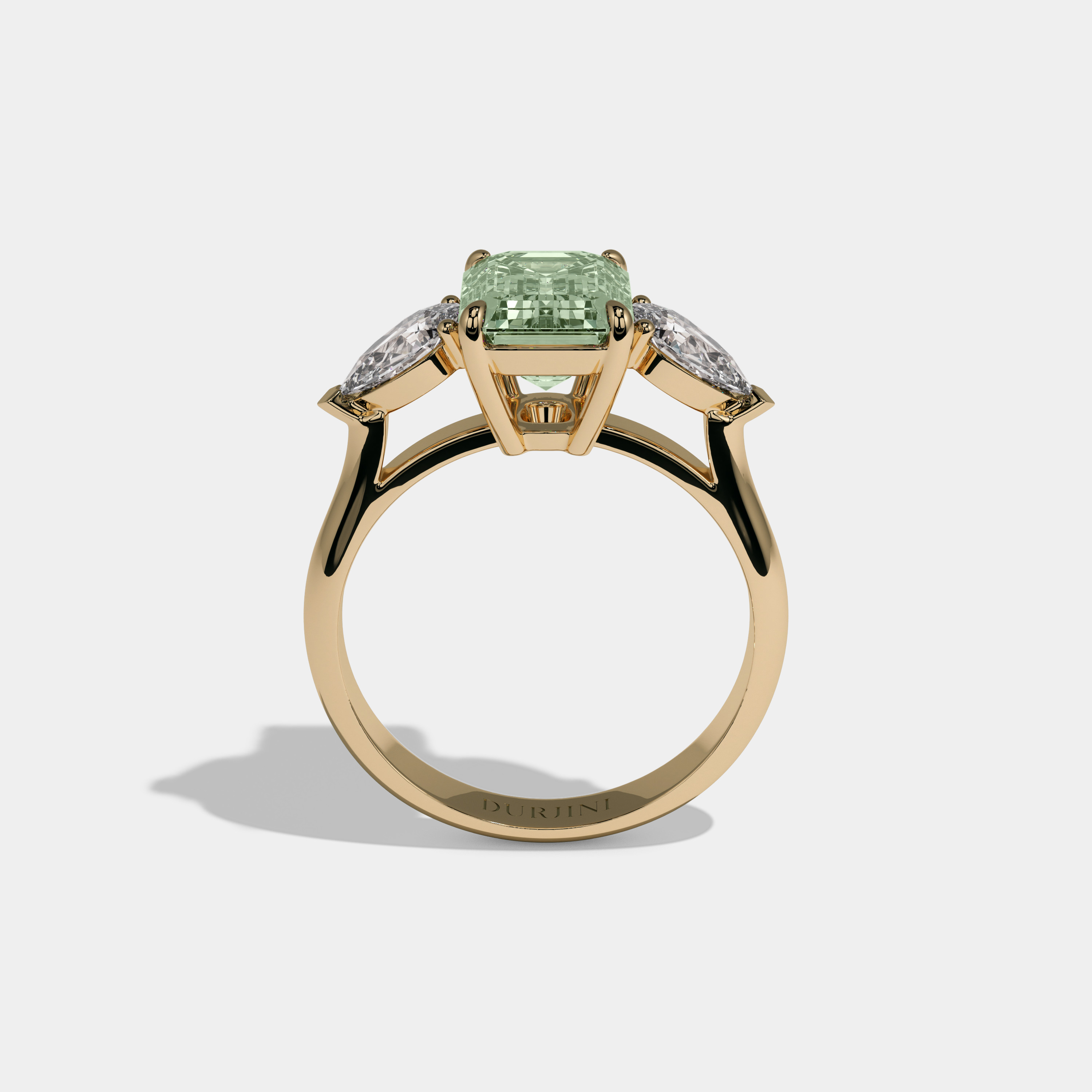Leonora Fancy Light Green Emerald Cut Diamond Plain Band With Pear Cut Sides Engagement Ring 6ct 18K Yellow Gold