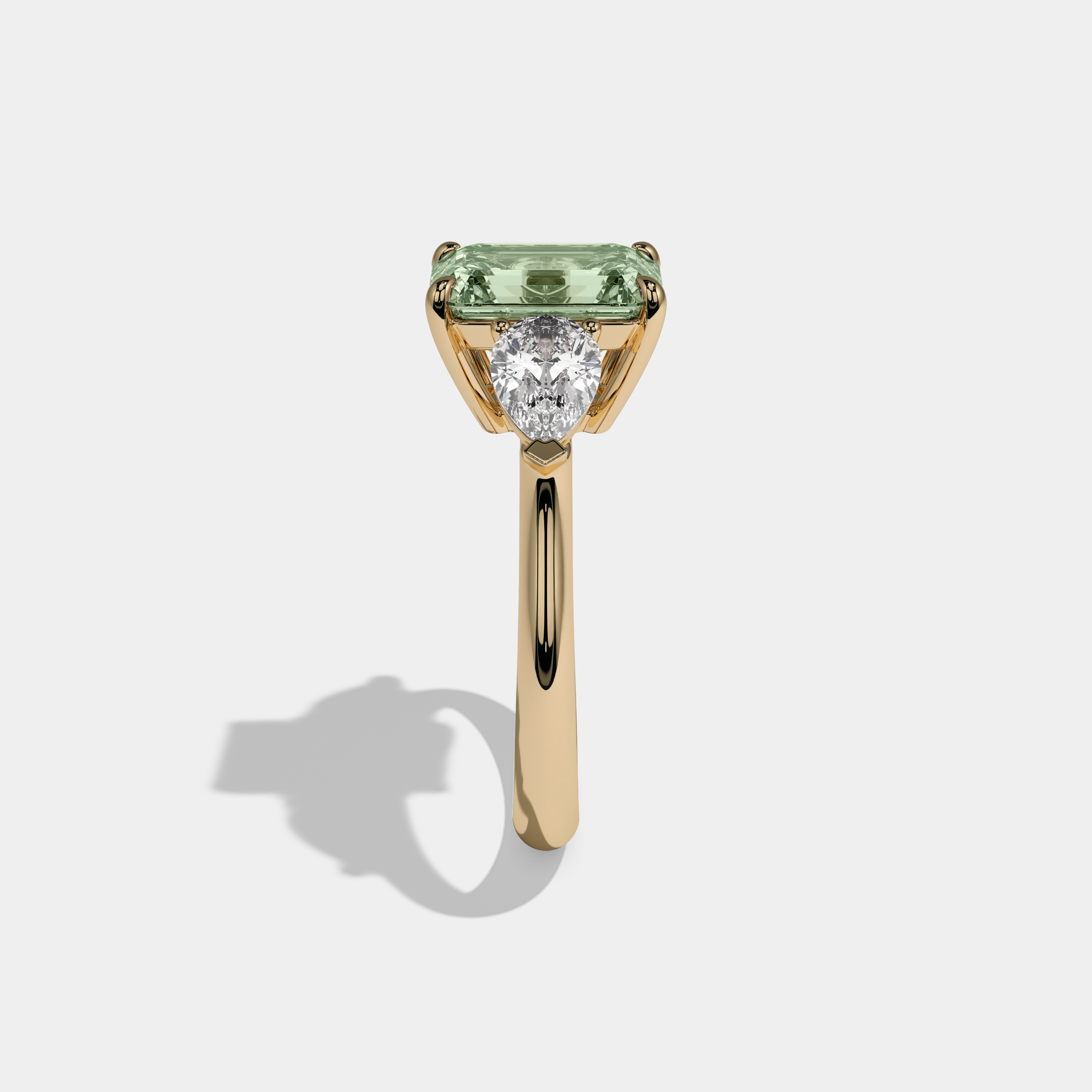 Leonora Fancy Light Green Emerald Cut Diamond Plain Band With Pear Cut Sides Engagement Ring 6ct 18K Yellow Gold