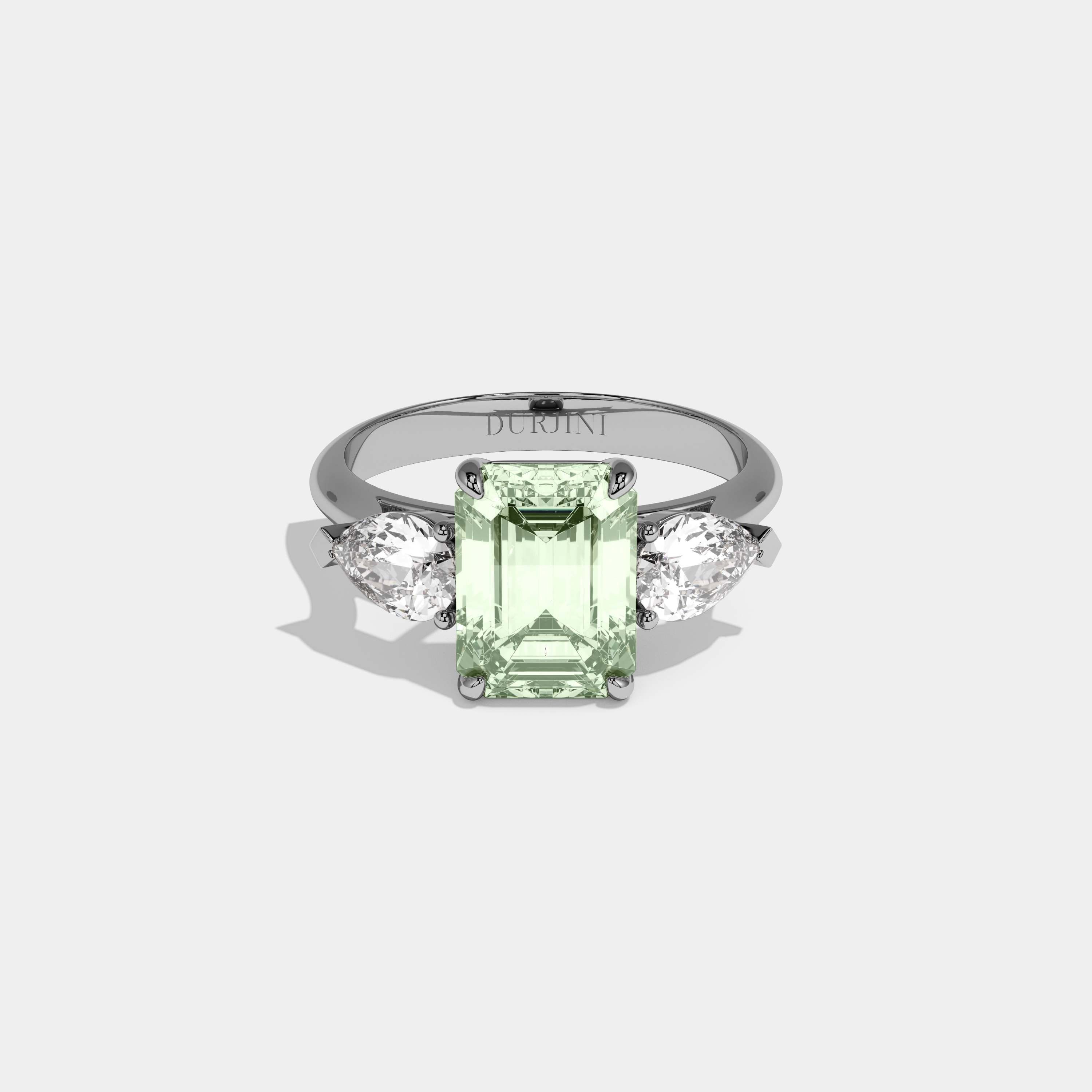 Celestine Fancy Light Green Emerald Cut Diamond Plain Band With Pear Cut Sides Engagement Ring 6ct 18K White Gold