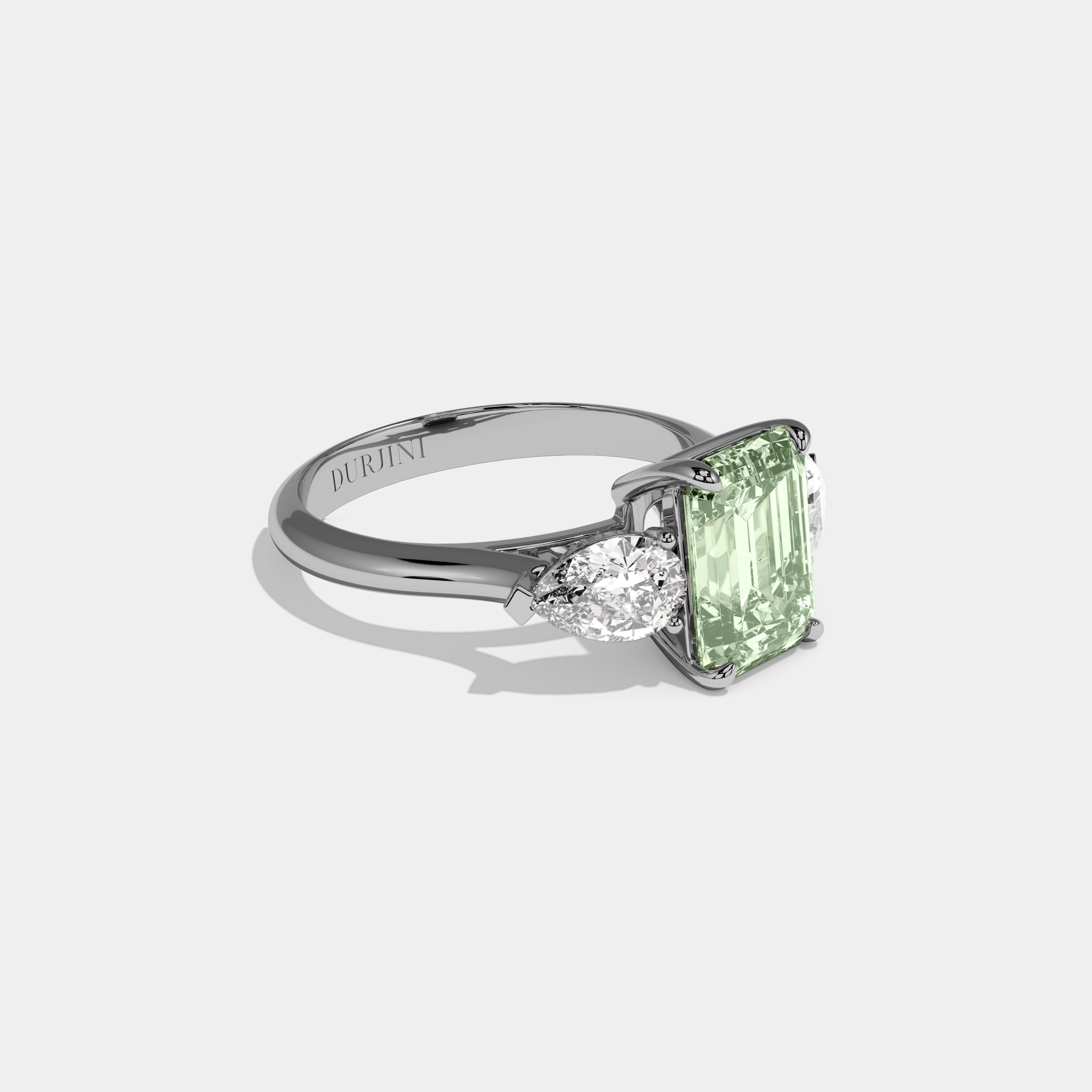 Celestine Fancy Light Green Emerald Cut Diamond Plain Band With Pear Cut Sides Engagement Ring 6ct 18K White Gold