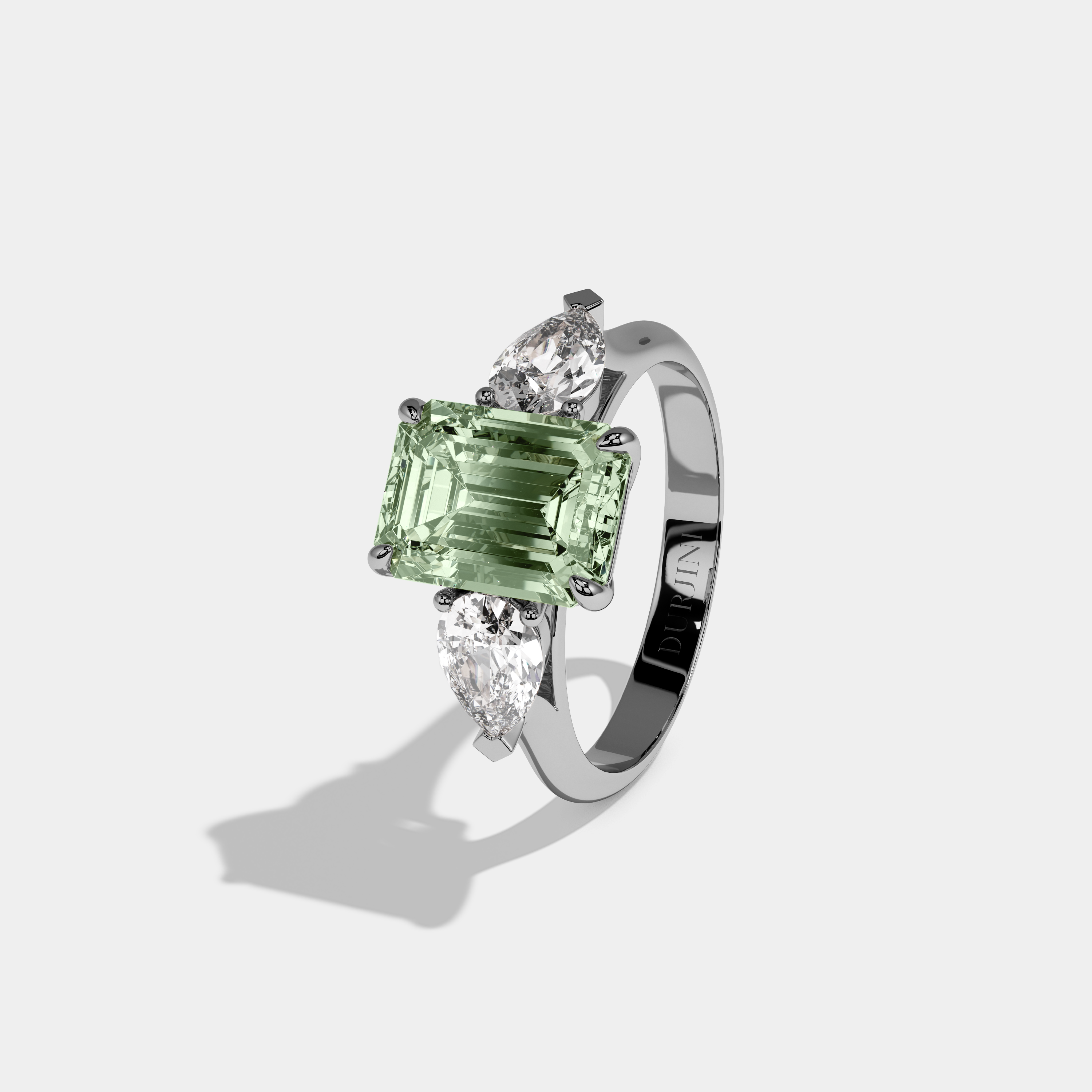 Celestine Fancy Light Green Emerald Cut Diamond Plain Band With Pear Cut Sides Engagement Ring 6ct 18K White Gold