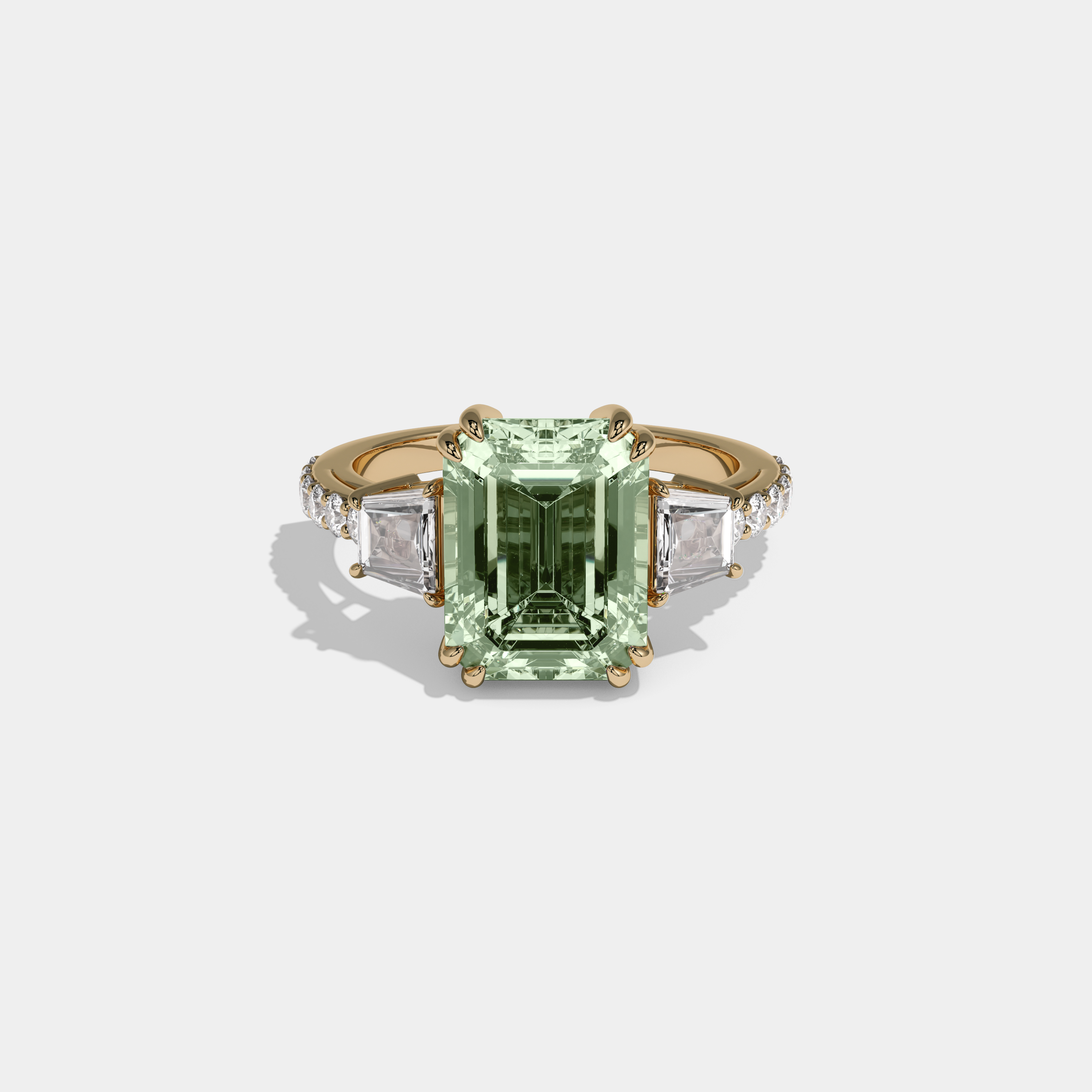 Margaret Fancy Light Green Emerald Cut Diamond Band With Step Cut Sides Engagement Ring 7ct 18K Yellow Gold