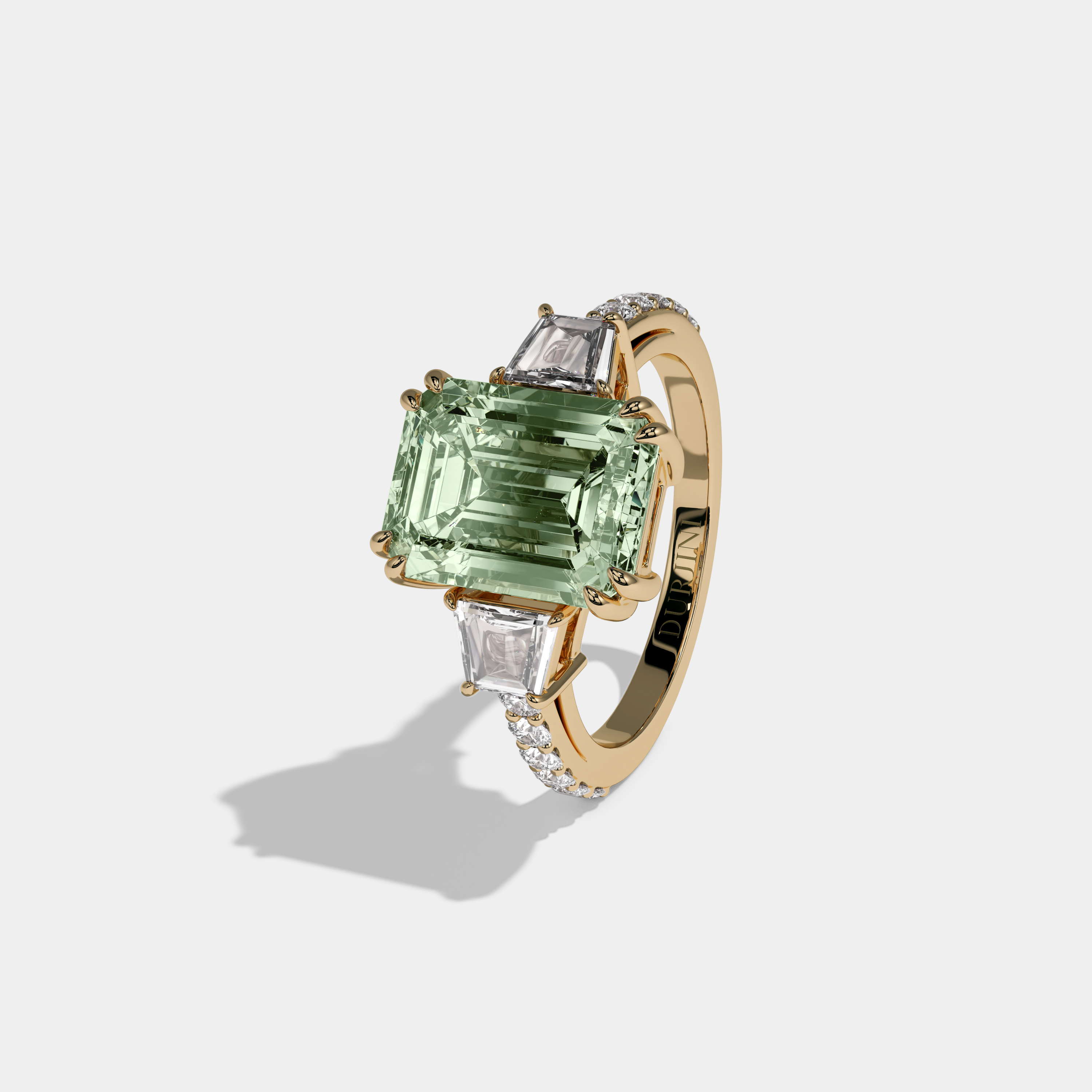 Margaret Fancy Light Green Emerald Cut Diamond Band With Step Cut Sides Engagement Ring 7ct 18K Yellow Gold